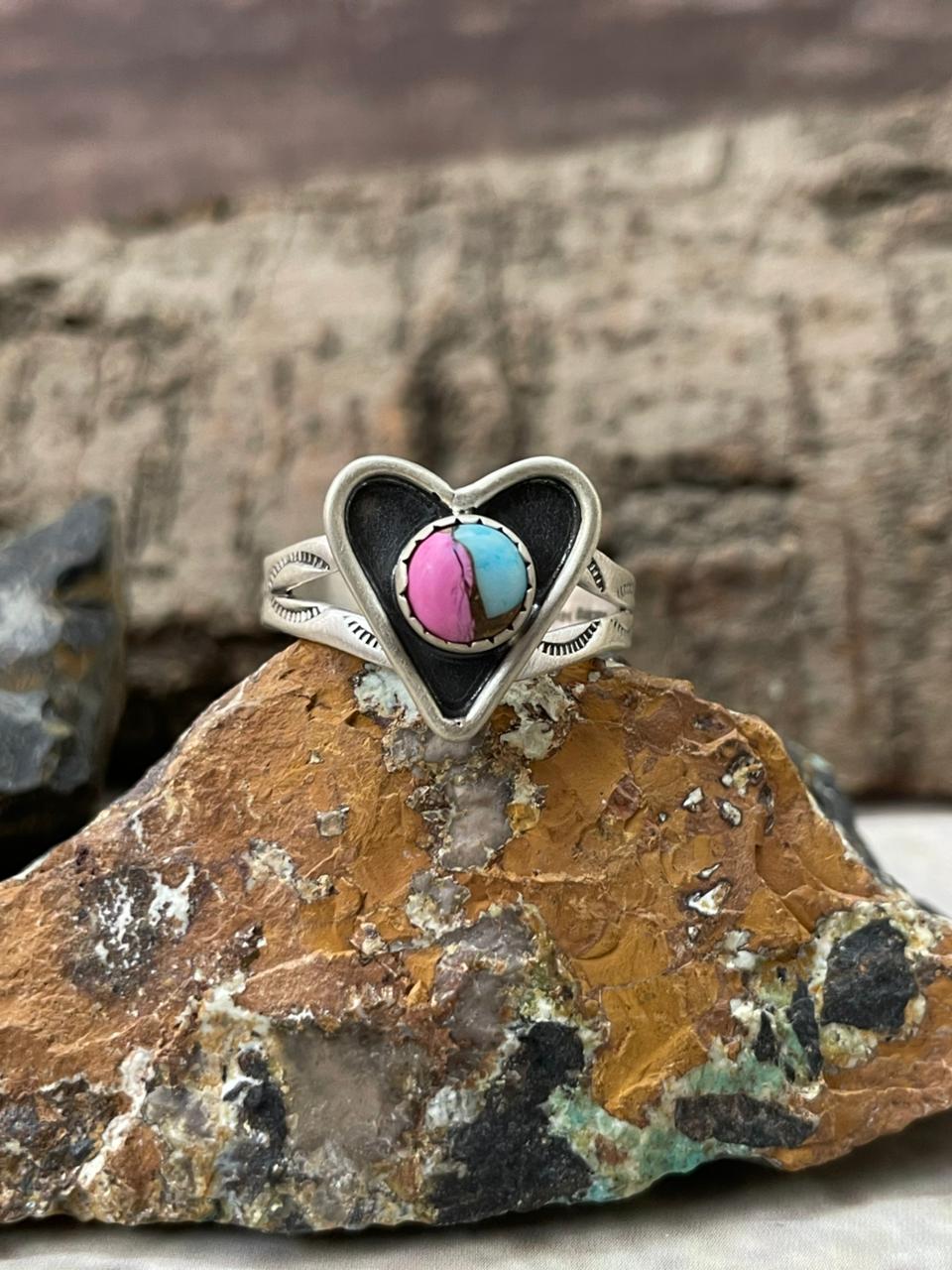 "Heart Collection" Handmade Sterling Silver Cotton Candy Adjustable Ring "Signed Nizhoni"