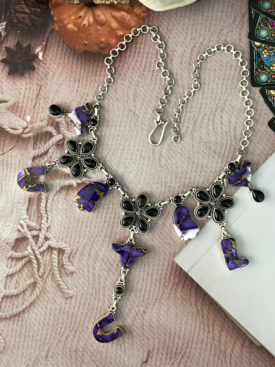 Handmade Sterling Silver Grape Dahlia with Black Onyx Halloween Collection: Necklace Signed Nizhoni