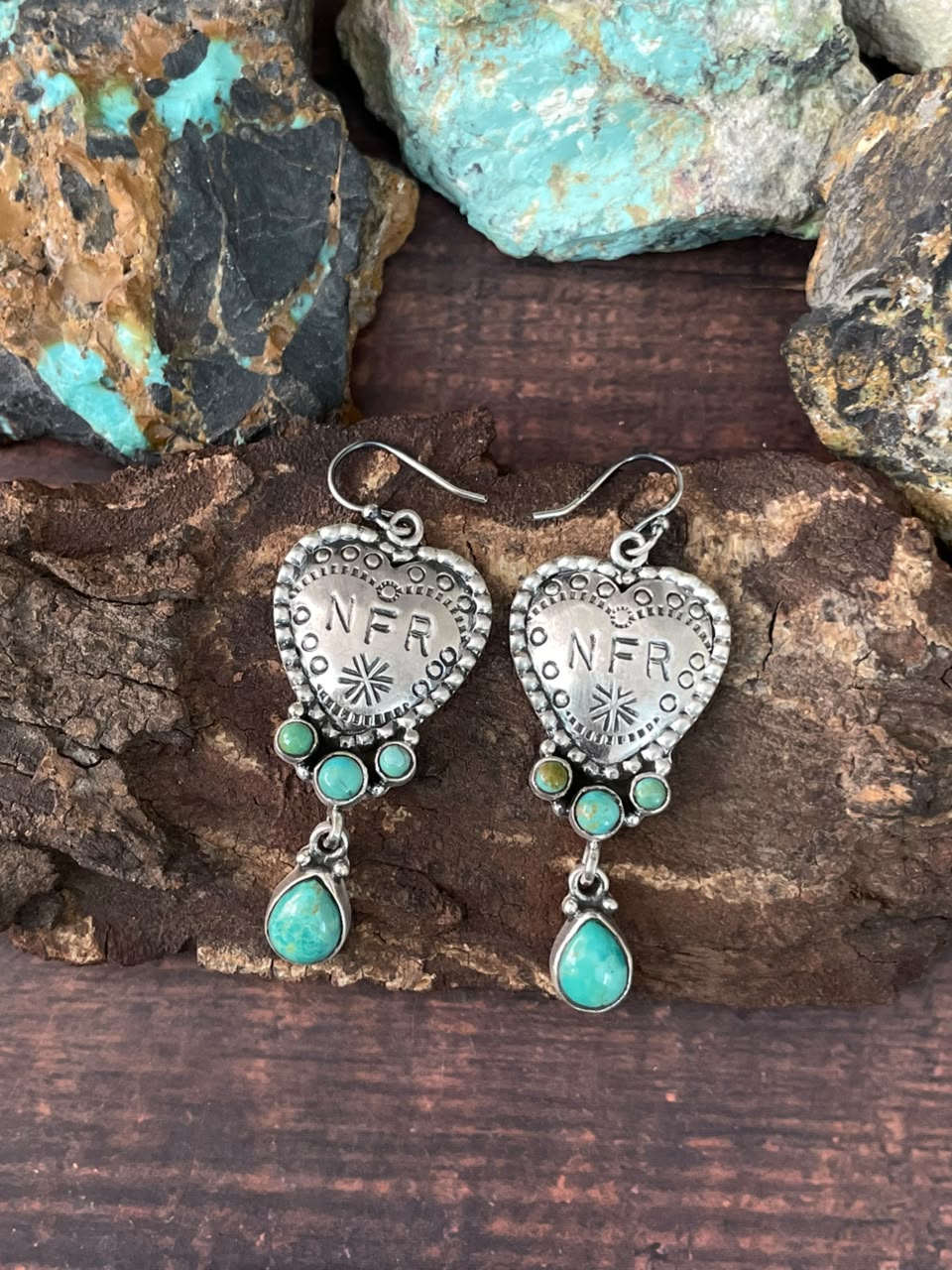 Handmade Sterling Silver Kingman Turquoise NFR Collection: Heart Hook Dangle Earrings Signed Nizhoni