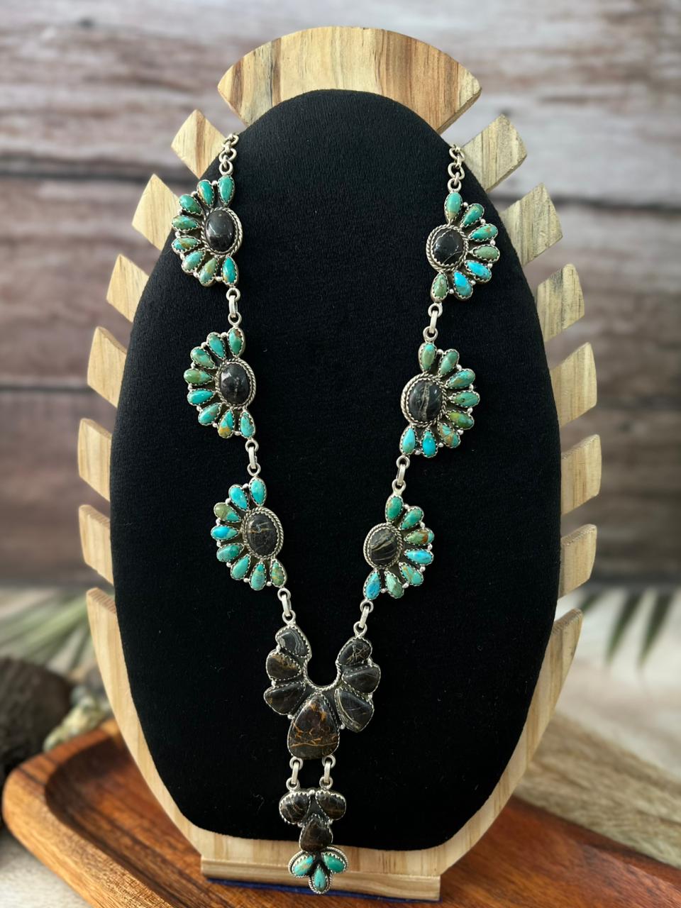 Handmade Sterling Silver Blackjack with Kingman Turquoise Necklace "Signed Nizhoni"