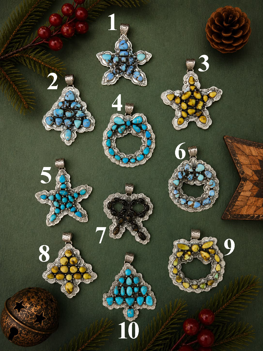 Handmade Sterling Silver Palomino, Golden Hills, Blackjack and White Water Turquoise Christmas Ornaments Collection: Pendant Signed Nizhoni