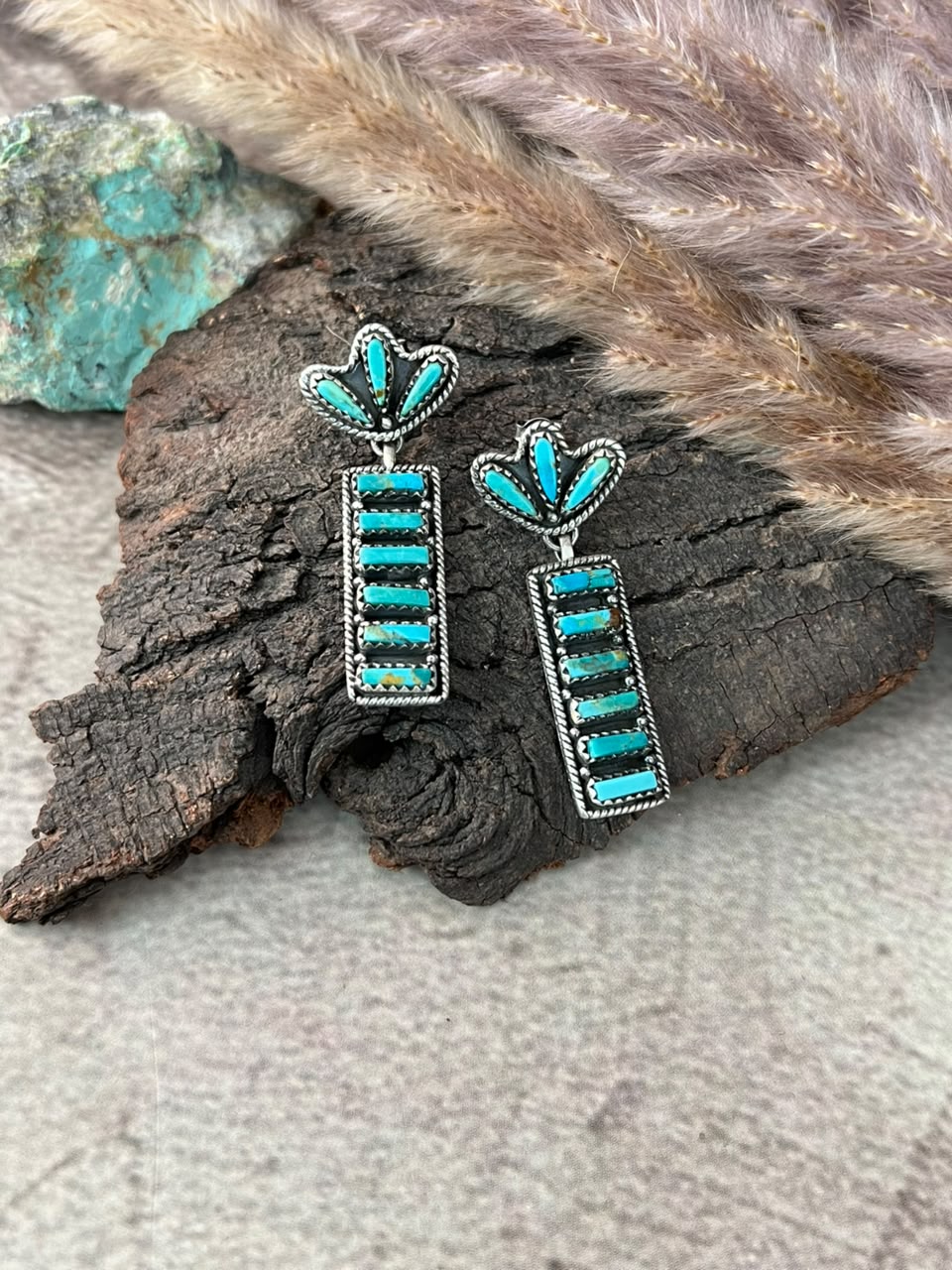 Handmade Sterling Silver Kingman Turquoise Post Dangle Earrings Signed Nizhoni