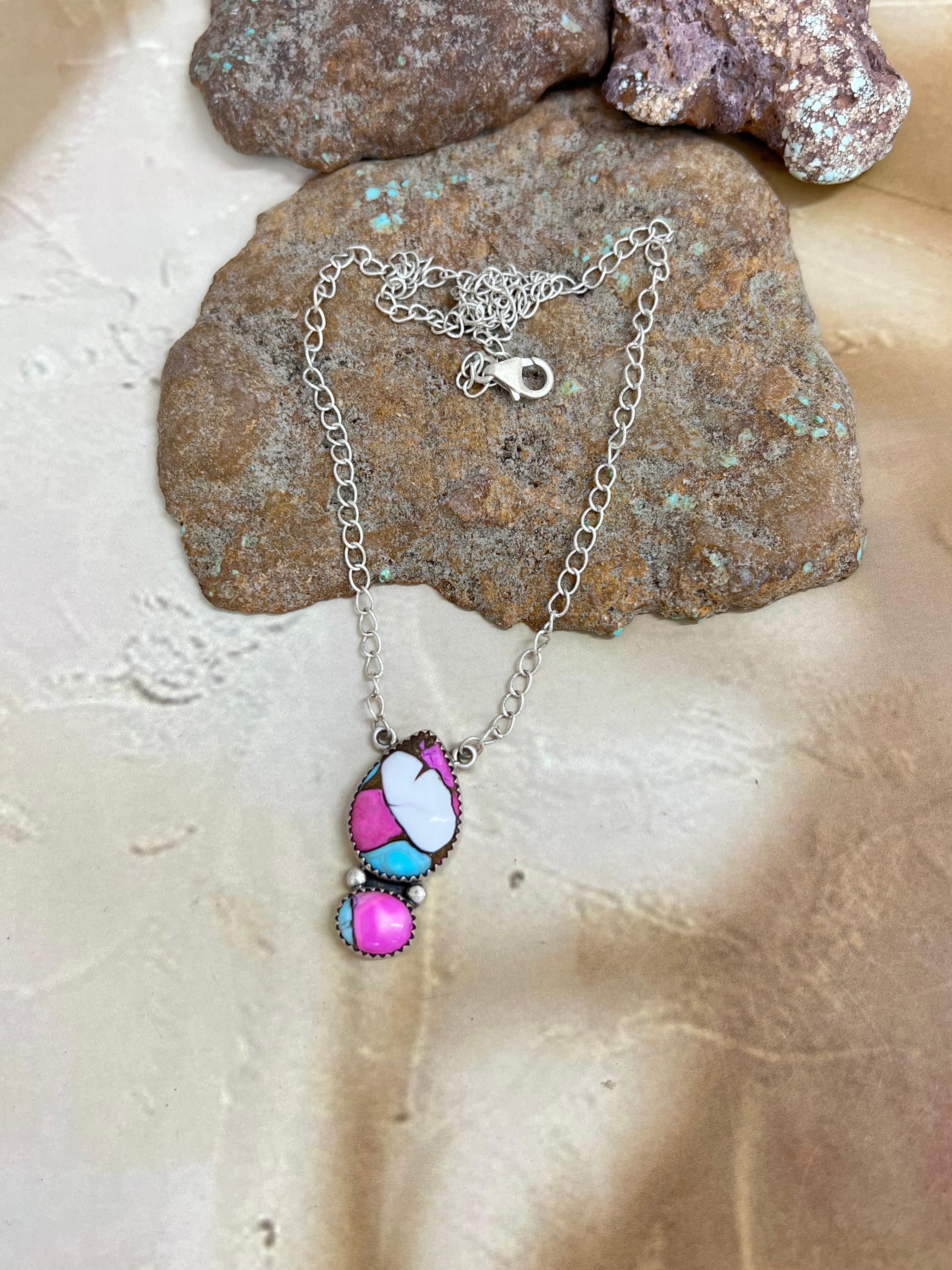 Handmade Sterling Silver Cotton Candy Turquoise Necklace with Signed Nizhoni (2)