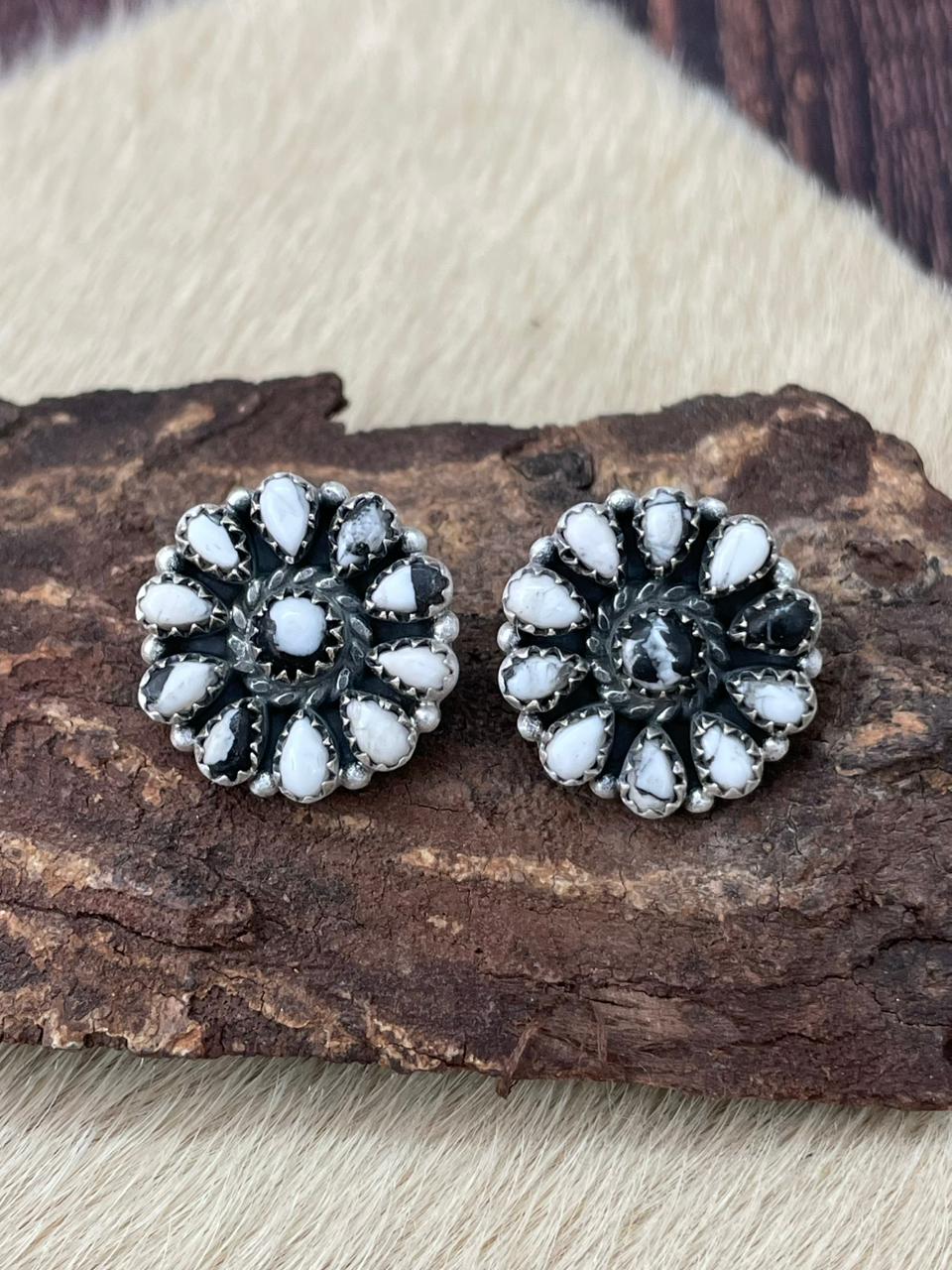 Handmade Sterling Silver White Buffalo Post Studs Earrings "Signed Nizhoni"