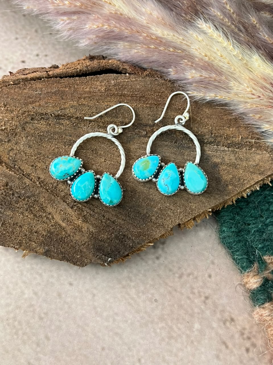 Handmade Sterling Silver Kingman Turquoise Hook Dangle Earrings Signed Nizhoni