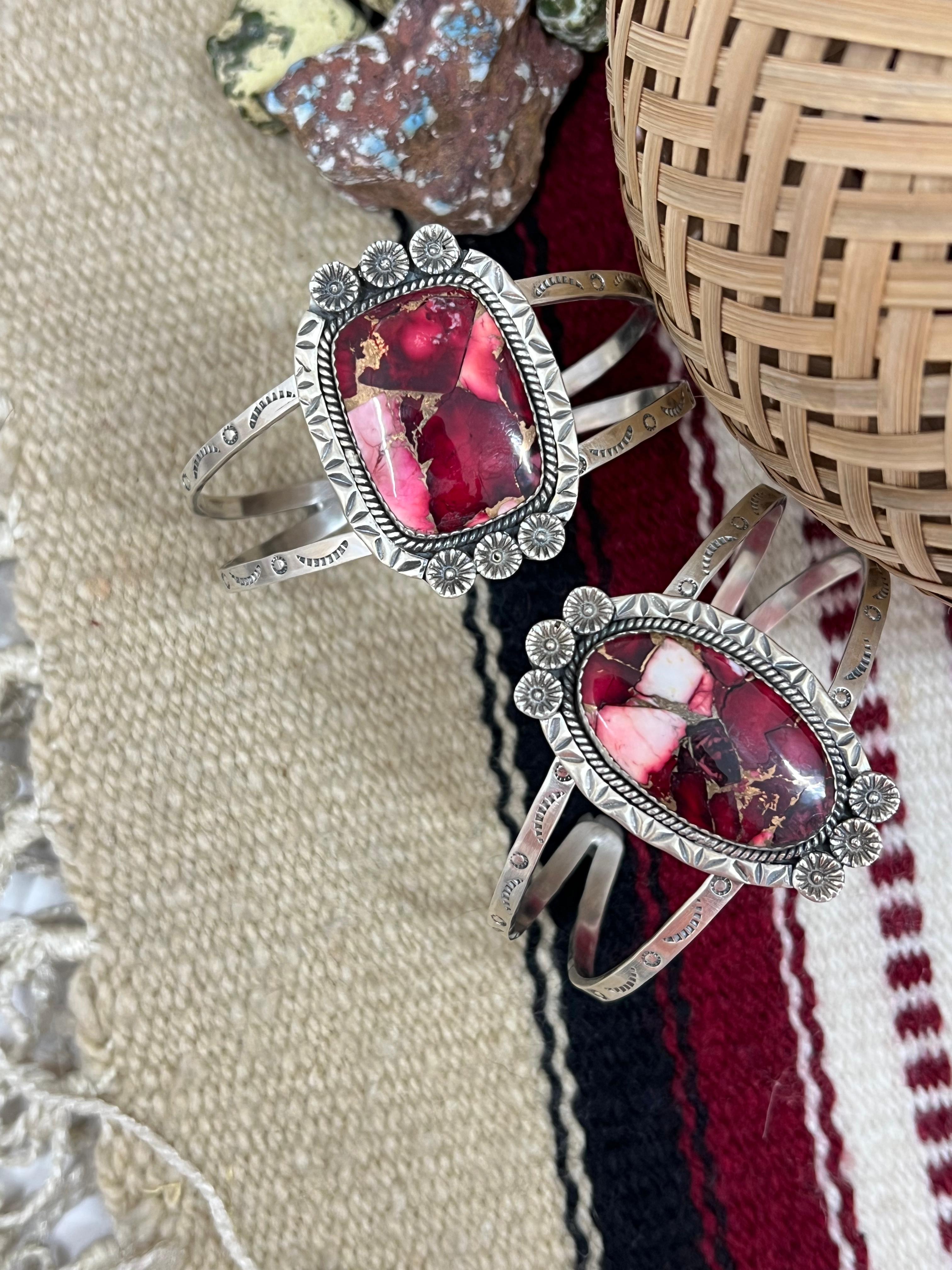 Handmade Sterling Silver Dahlia Rose Cuff Bracelet with Signed Nizhoni