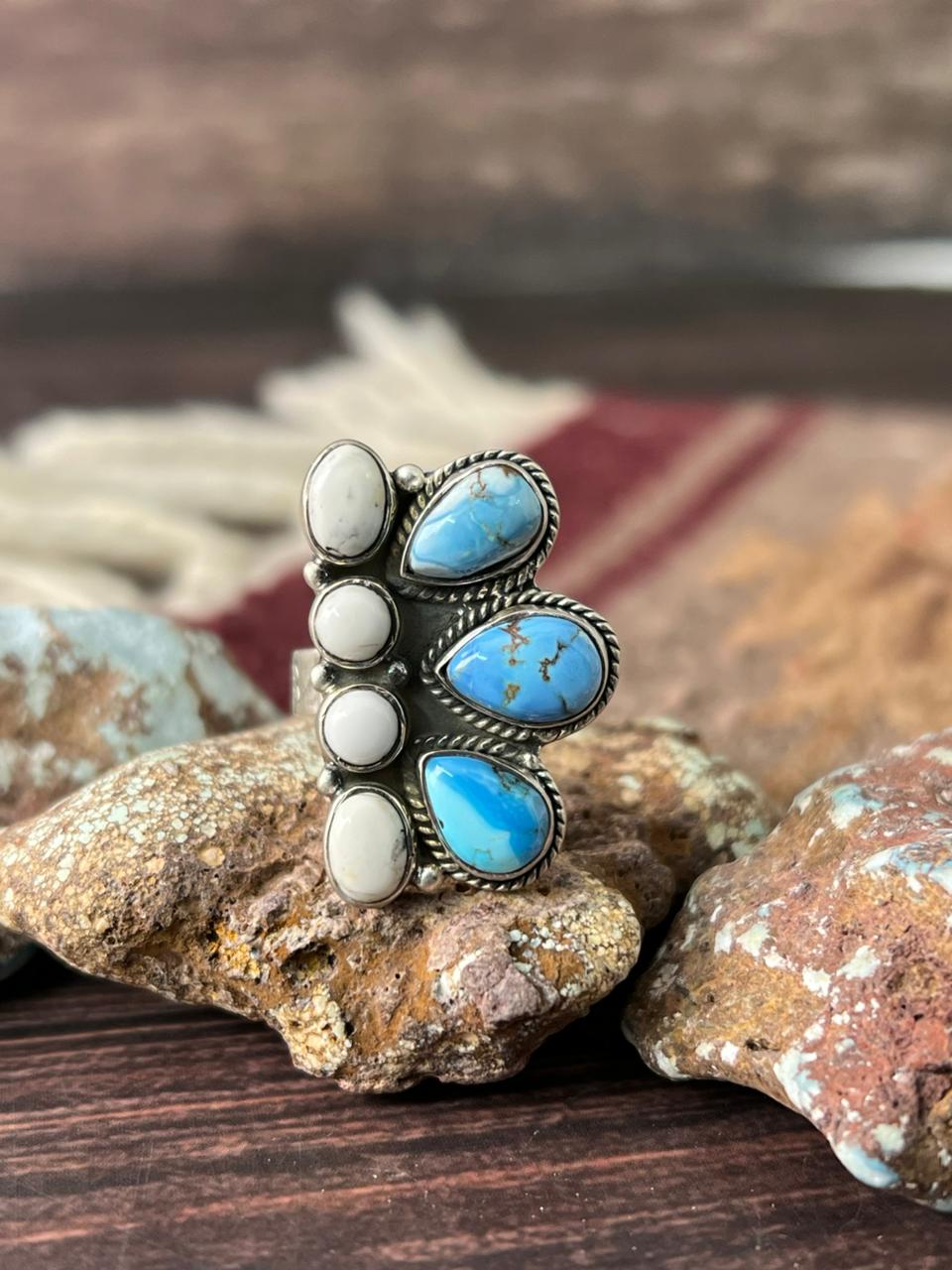 Handmade Sterling Silver Golden Hills with White Collection Adjustable Ring "Signed Nizhoni"