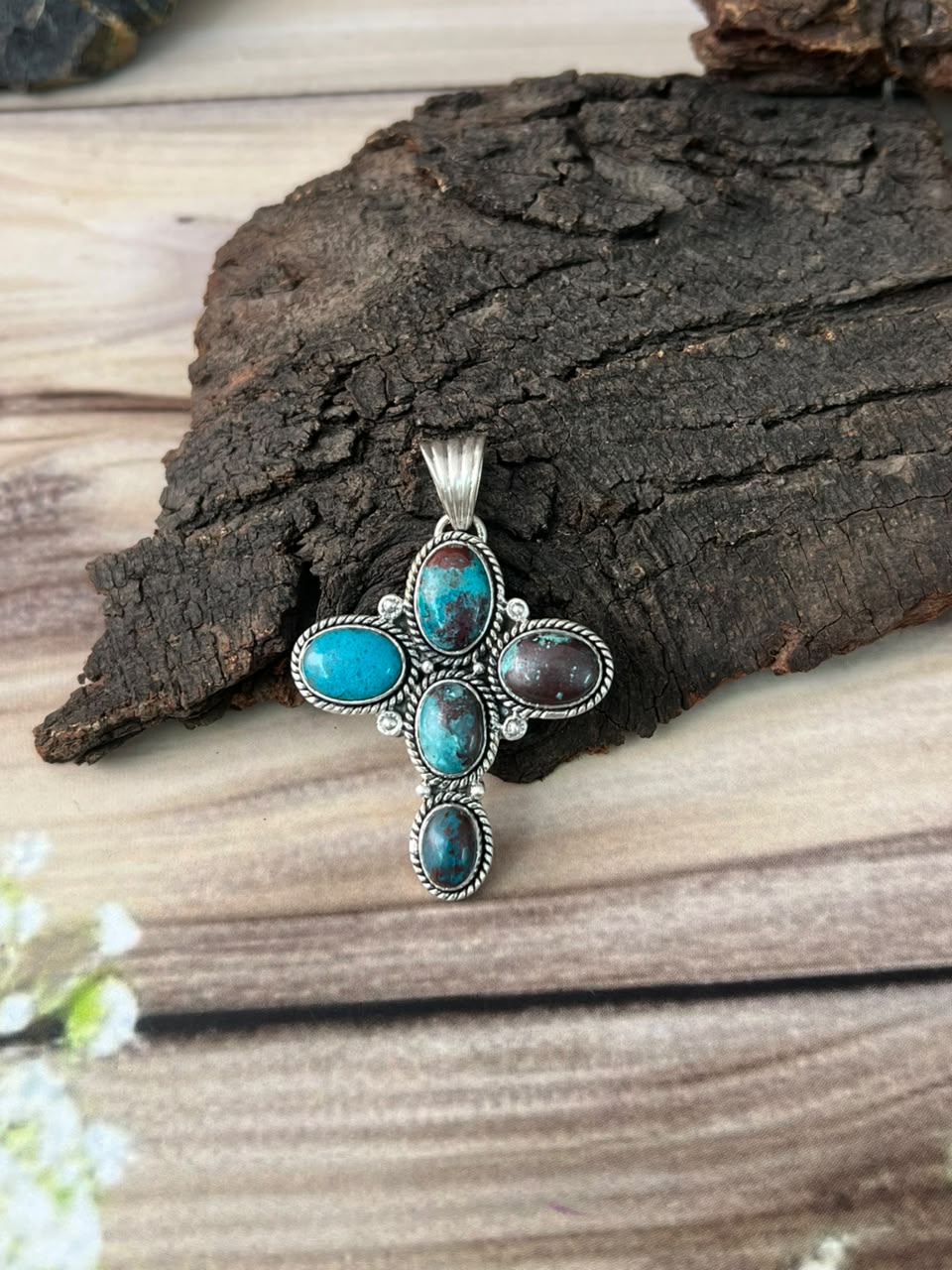 Handmade Sterling Silver Gem Silica Collection: Cross Pendant Signed Nizhoni