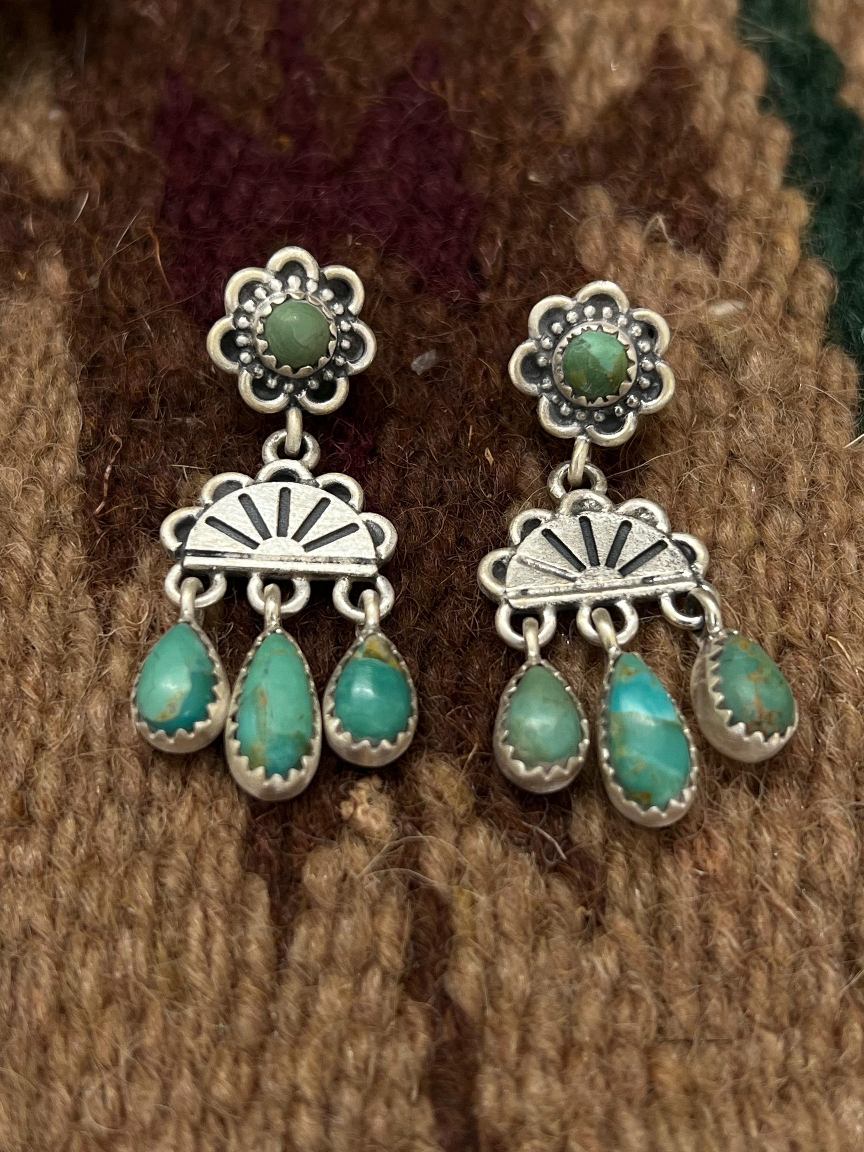 Handmade Sterling Silver Kingman Turquoise Post Dangle Earrings with Signed Nizhoni