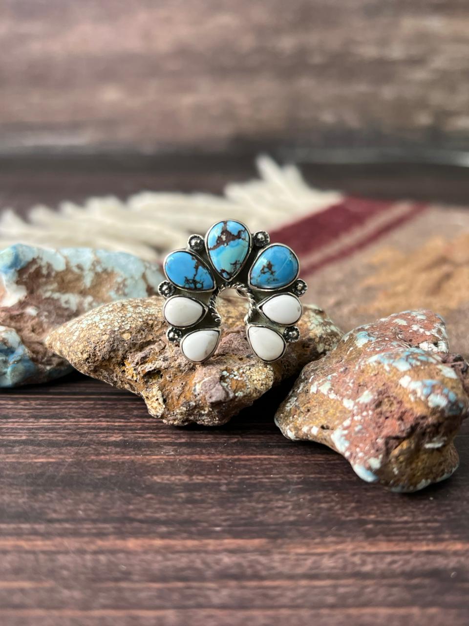 Handmade Sterling Silver Golden Hills with White Collection Adjustable Ring "Signed Nizhoni"