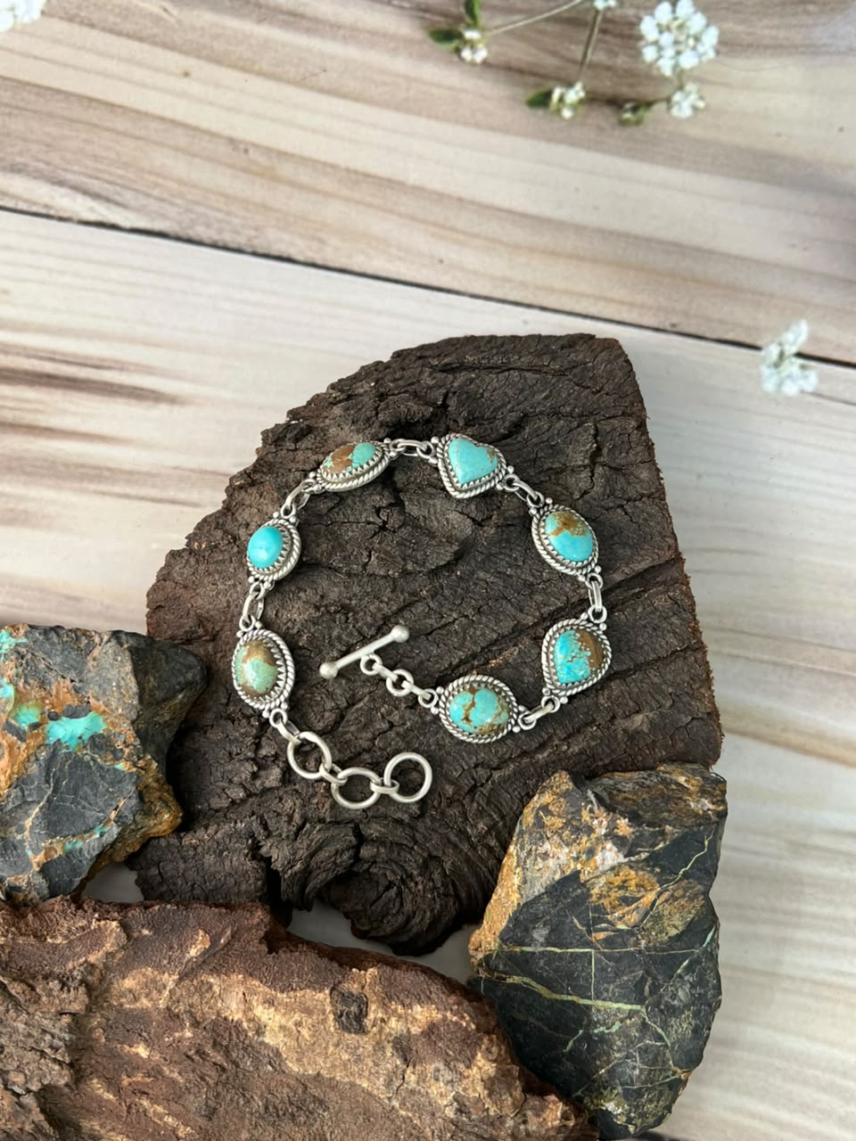 Handmade Sterling Silver Number 8 Turquoise Chain Bracelet Signed Nizhoni