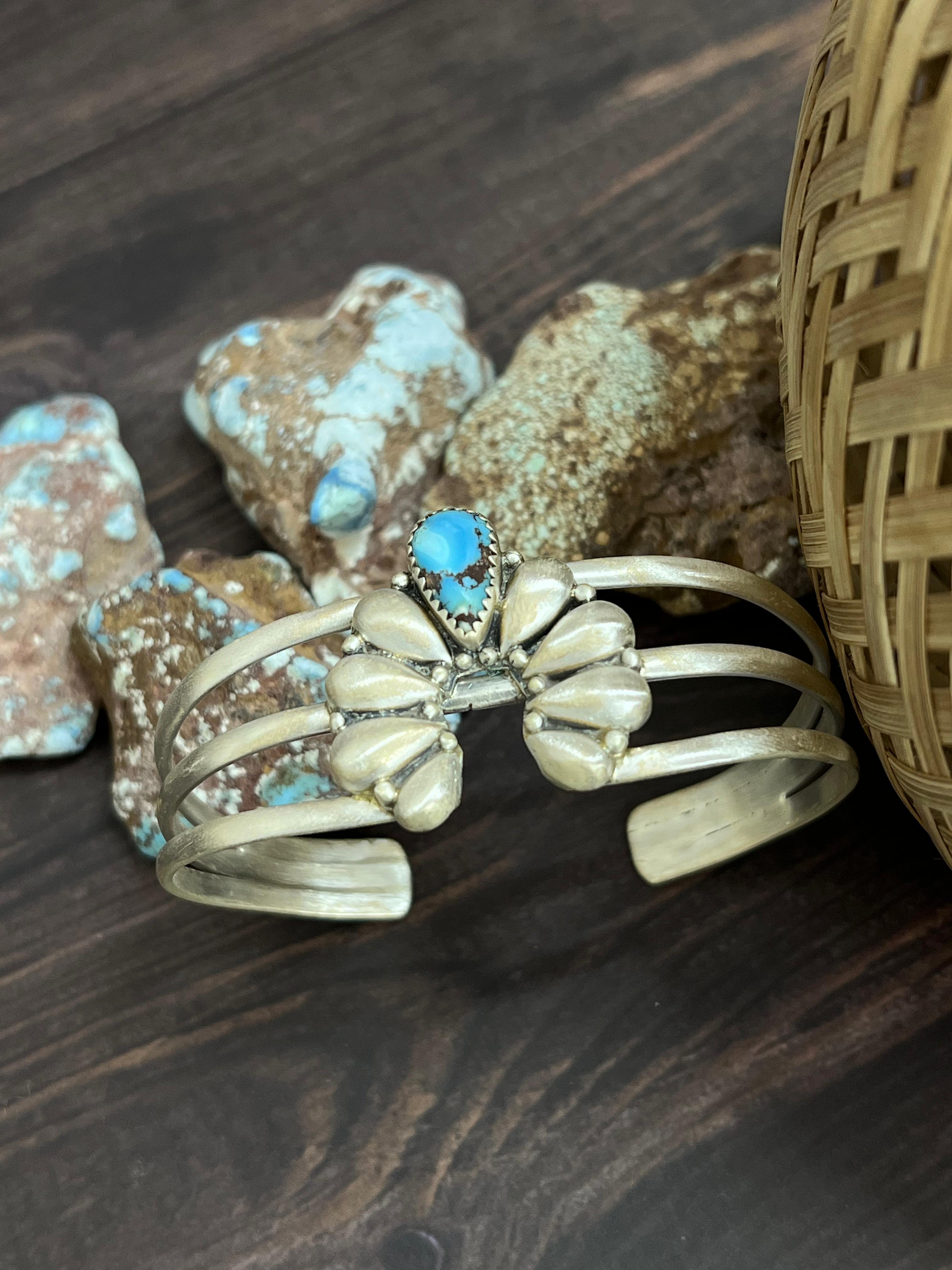 Handmade Sterling Silver Golden Hills Turquoise Cuff Bracelet with Signed Nizhoni