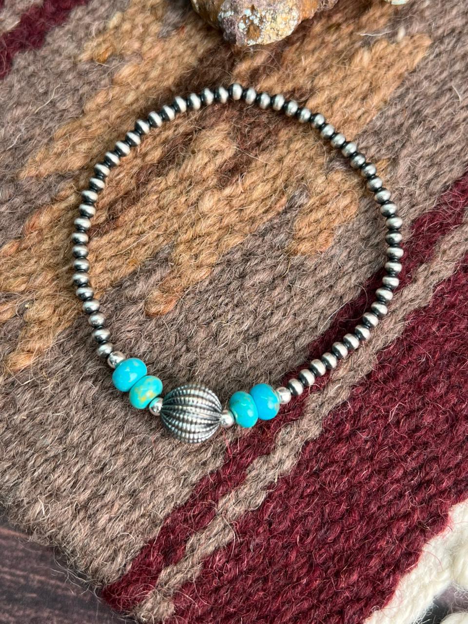 Handmade Sterling Silver Beaded Kingman Turquoise Bracelet