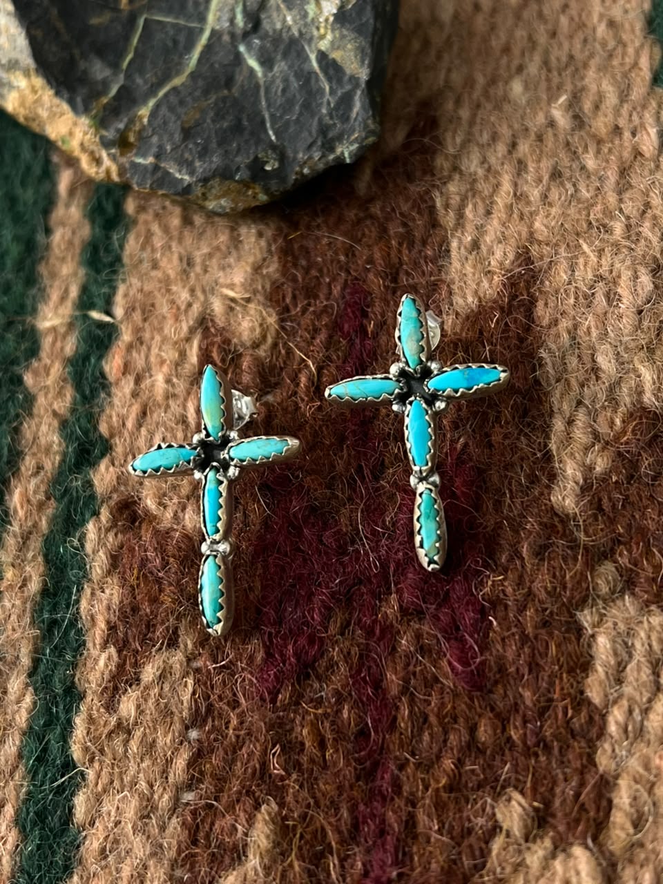 Handmade Sterling Silver Kingman Turquoise Post Studs Cross Earrings Signed Nizhoni