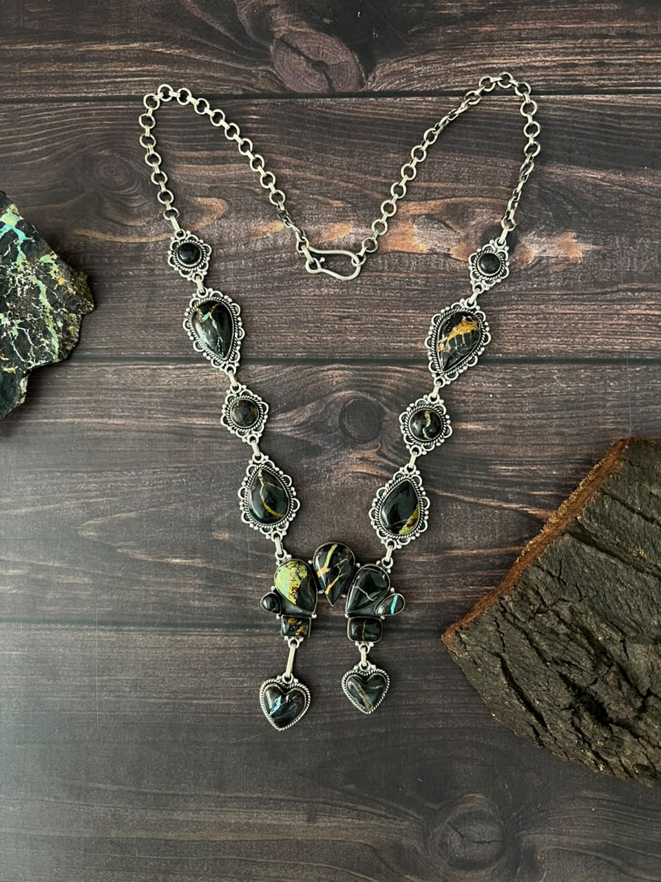 Handmade Sterling Silver Blackjack Turquoise Collection: Necklace Signed Nizhoni