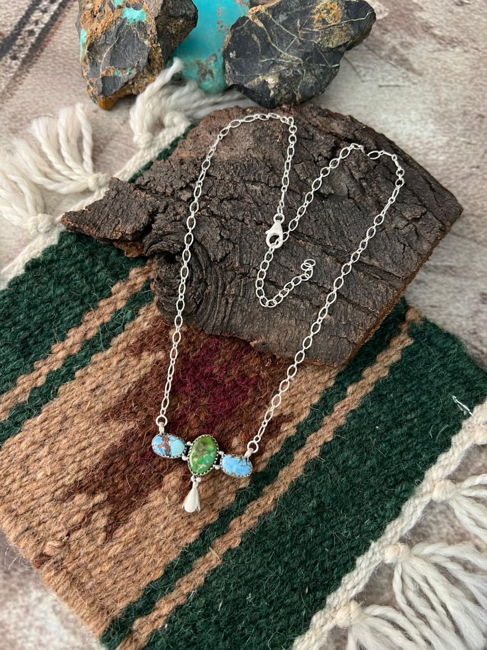 Handmade Sterling Silver Sonoran Mountain with Golden Hills Turquoise Squash Blossom Necklace Signed Nizhoni