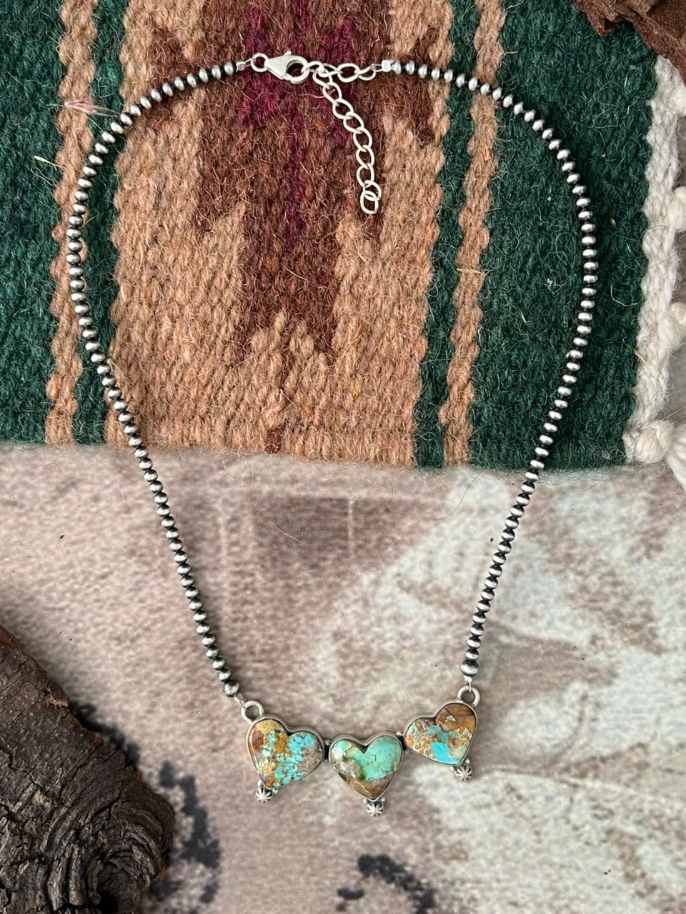 Handmade Sterling Silver Royston Turquoise Beaded Heart Necklace Signed Nizhoni
