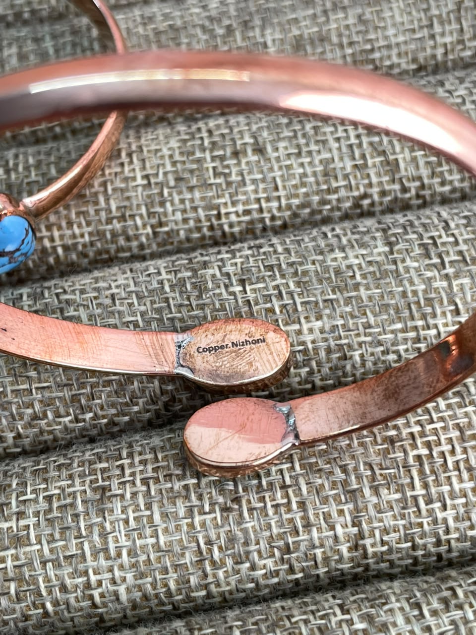 Handmade Golden Hills and White Water Turquoise Copper Collection: Cuff Bracelet Signed Nizhoni