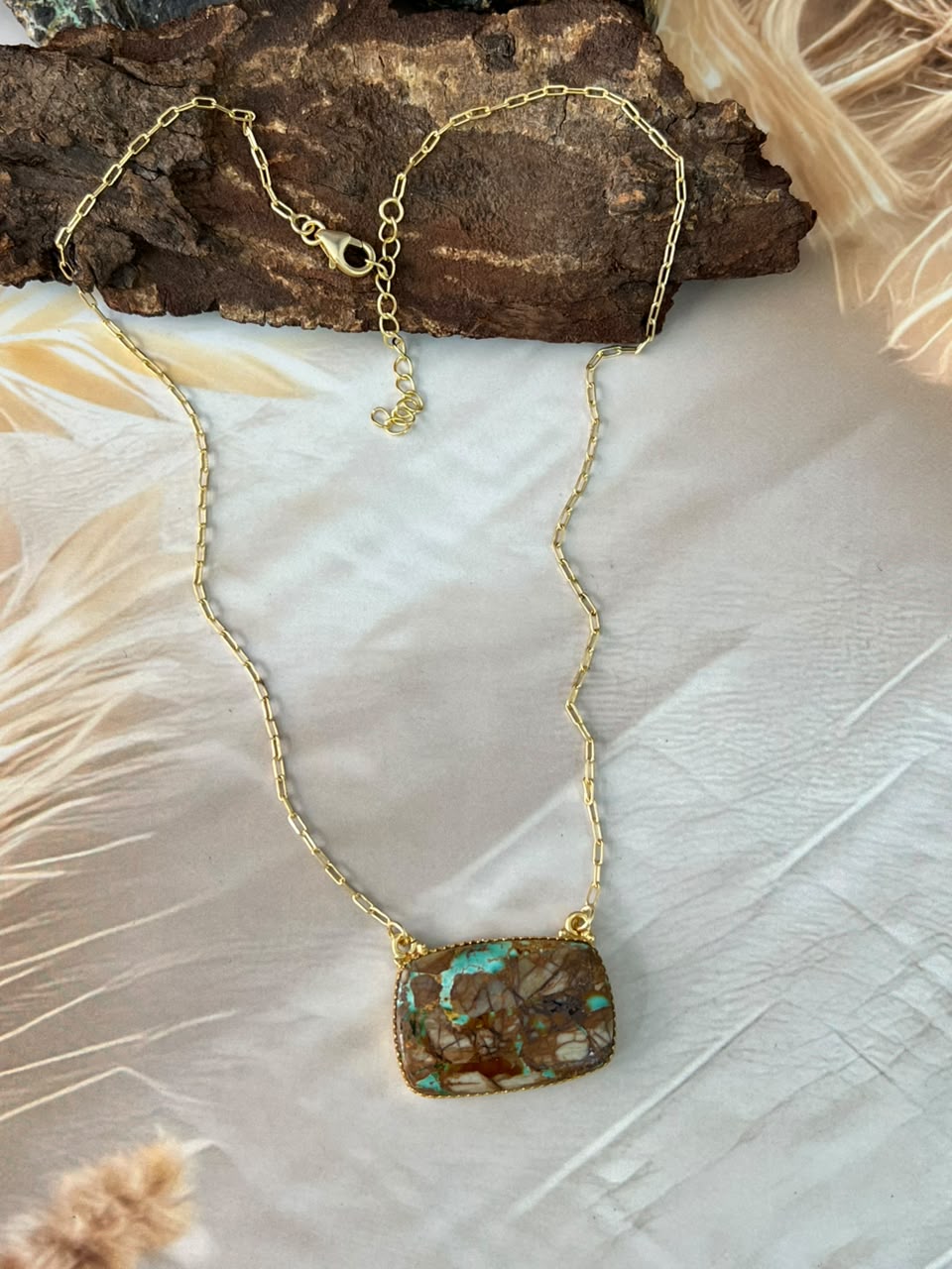 “The Golden Collection” Handmade Sterling Silver Gold Over Silver Ribbon Royston Turquoise Bar Necklace Signed Nizhoni