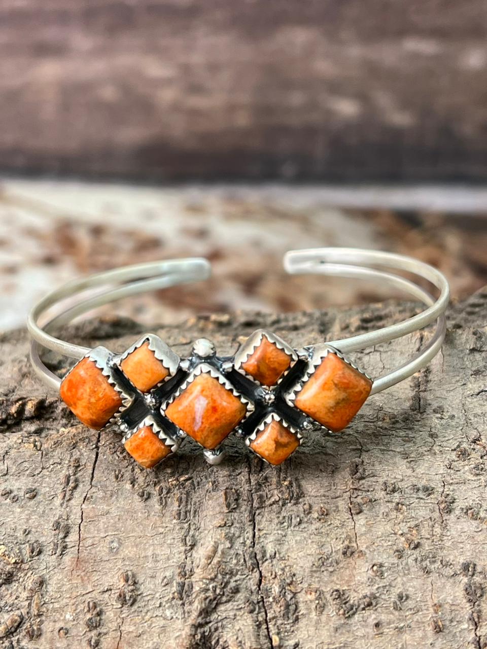 Handmade Sterling Silver Orange Mojave Cuff Bracelet "Signed Nizhoni"