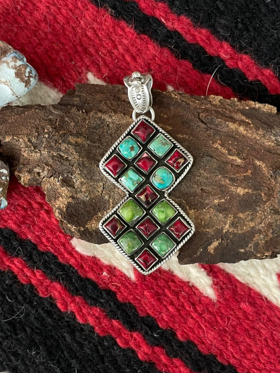 Handmade Sterling Silver Dahlia Rose with Emerald Valley Turquoise Pendant "Signed Nizhoni"