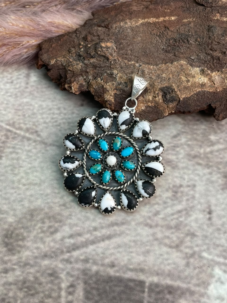 Handmade Sterling Silver Kingman Turquoise with White Buffalo Pendant Signed Nizhoni
