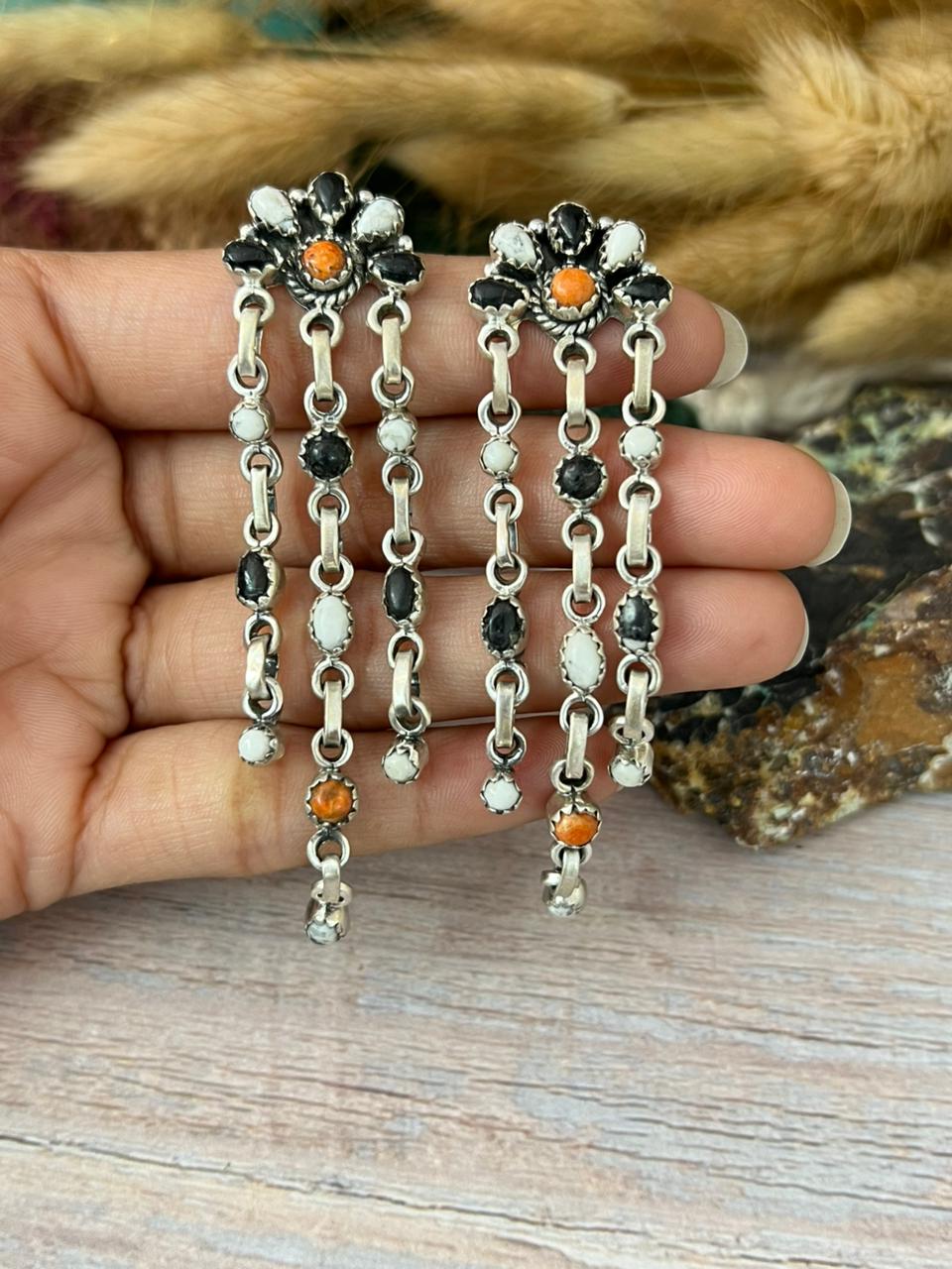 Handmade Sterling Silver White Buffalo with Orange Mojave Post Dangle Earrings "Signed Nizhoni"