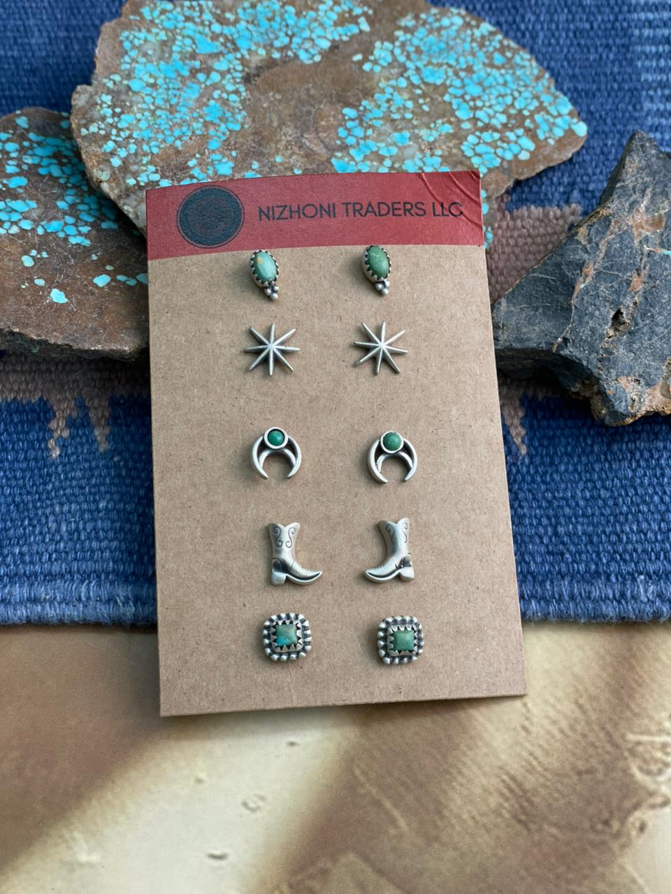 Handmade Sterling Silver Kingman Turquoise Earrings Set "Signed Nizhoni"