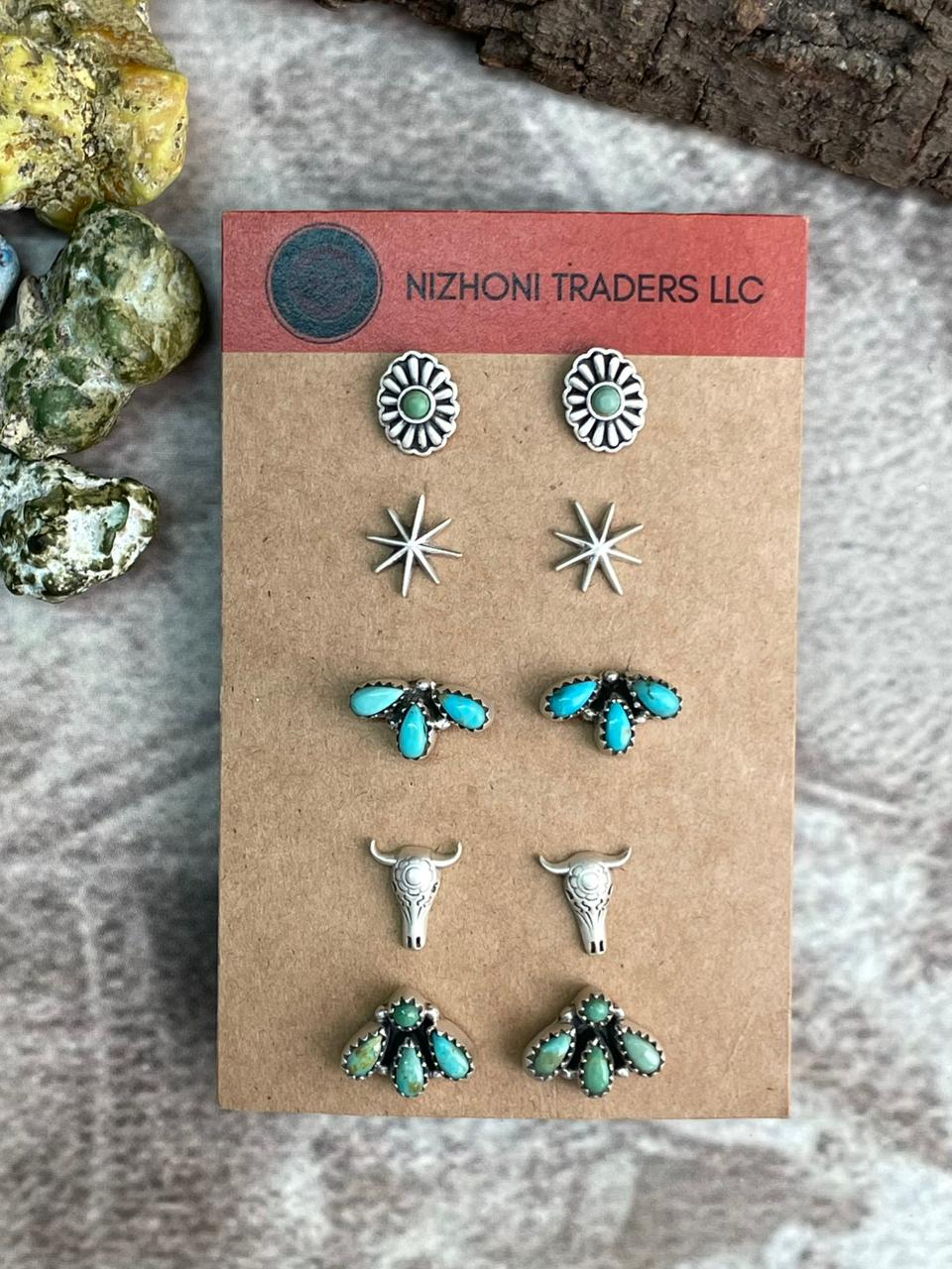 Handmade Sterling Silver Kingman Turquoise Post Studs Cards "Signed Nizhoni"