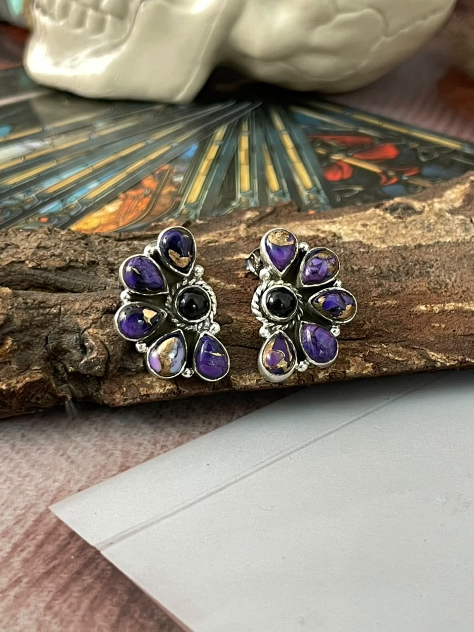 Handmade Sterling Silver Grape Dahlia with Black Onyx Halloween Collection: Post Studs Earrings Signed Nizhoni