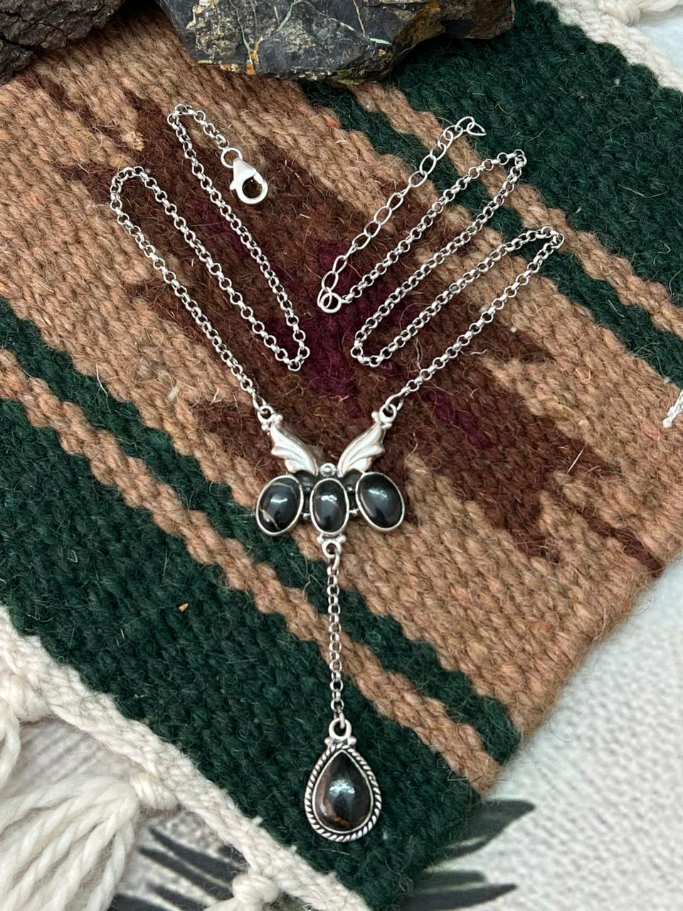 Handmade Sterling Silver Blackjack Turquoise Drop Necklace "Signed Nizhoni"