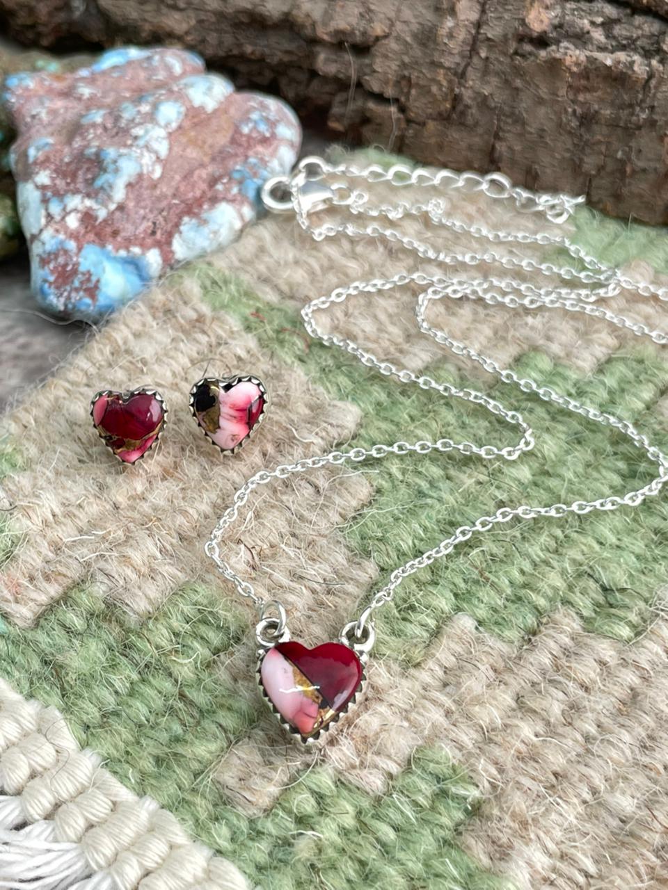 Handmade Sterling Silver Dahlia Rose Heart Necklace Earrings Set "Signed Nizhoni"