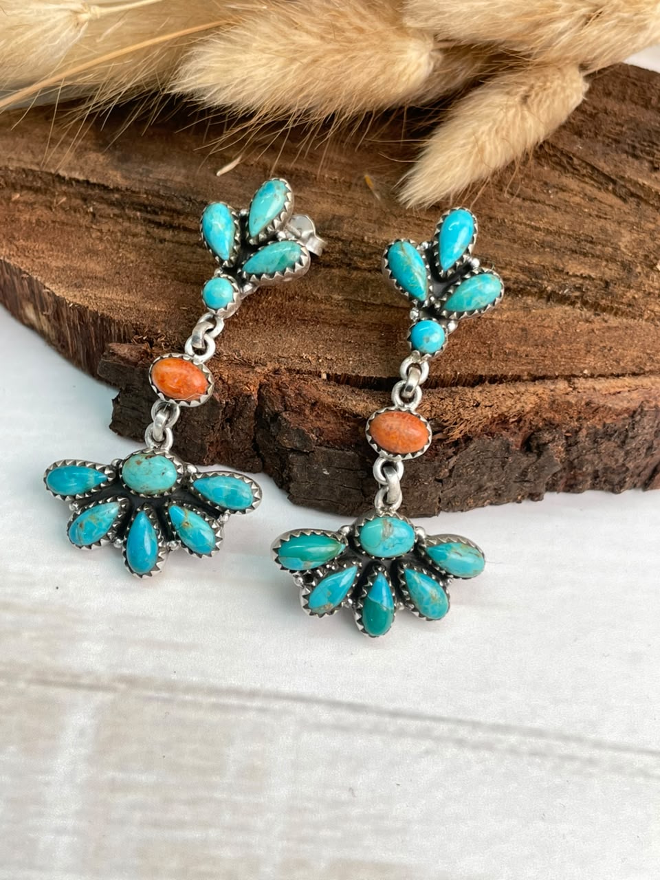 Handmade Sterling Silver Orange Mojave with Kingman Turquoise Post Dangle Earrings Signed Nizhoni
