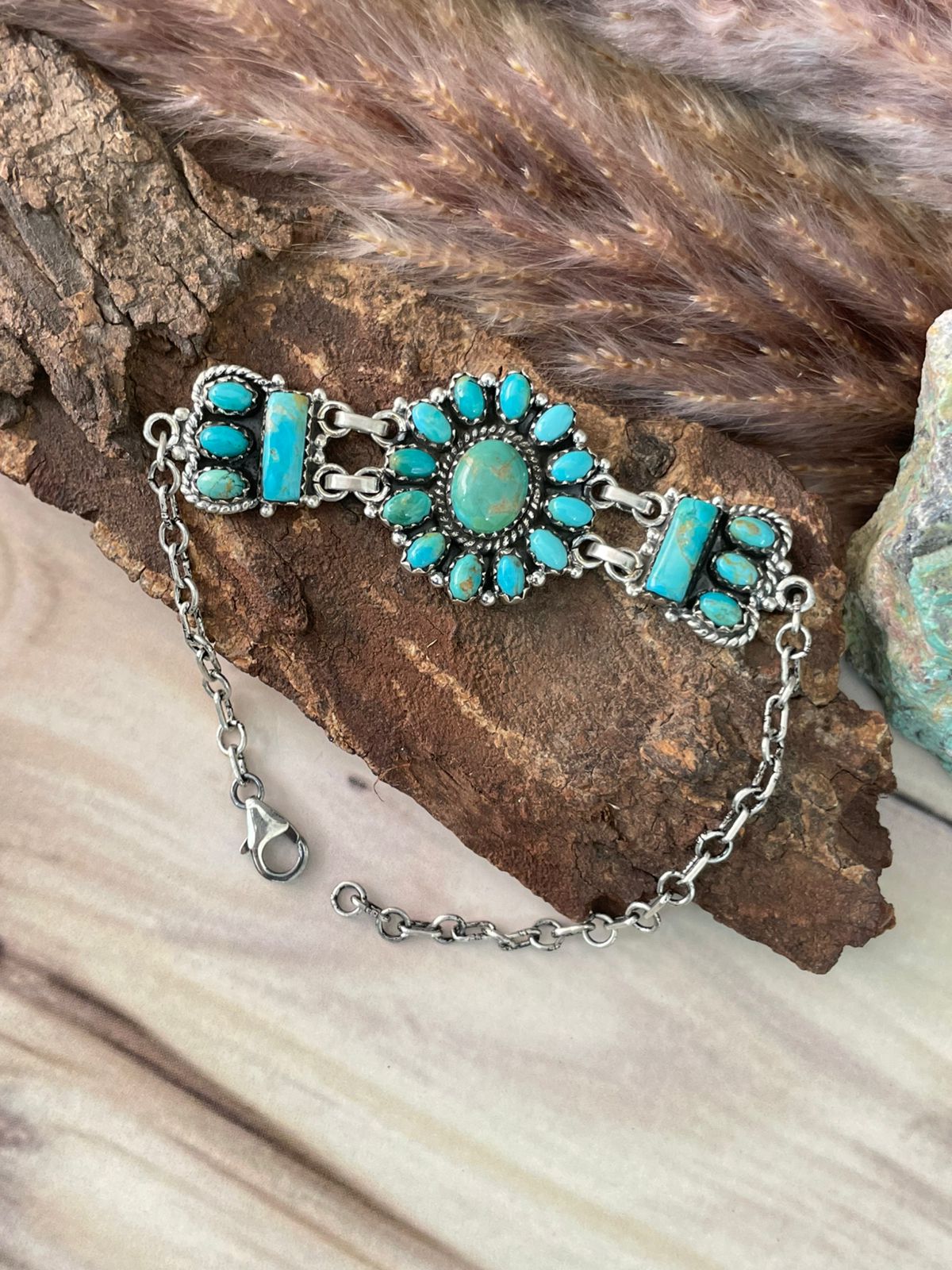 Handmade Sterling Silver Kingman Turquoise Chain Bracelet Signed Nizhoni