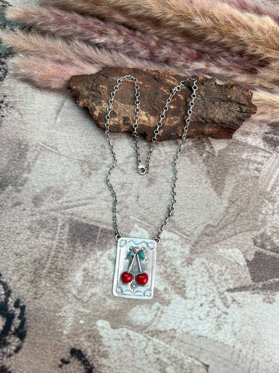 Handmade Sterling Silver Kingman Turquoise with Rosarita Cherry Necklace Signed Nizhoni (4)