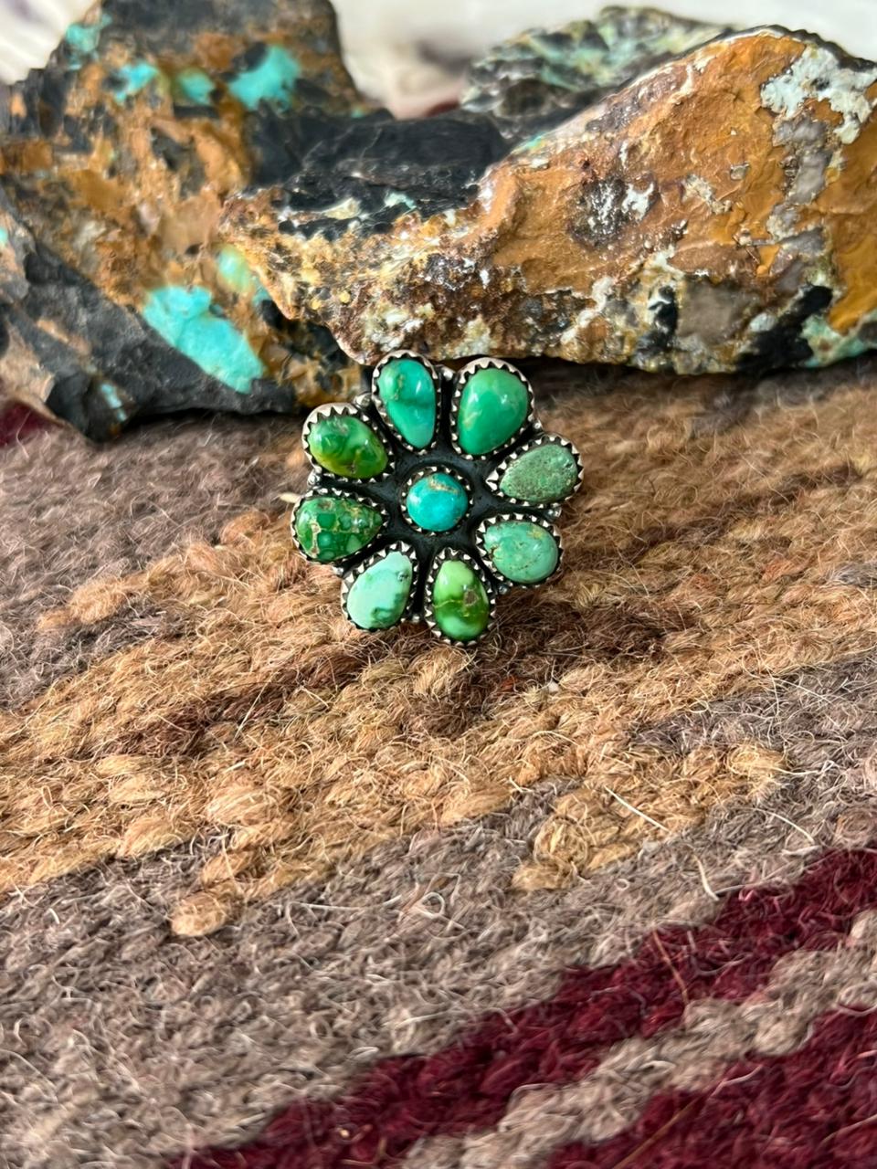 Handmade Sterling Silver Emerald Valley Turquoise Adjustable Ring "Signed Nizhoni"