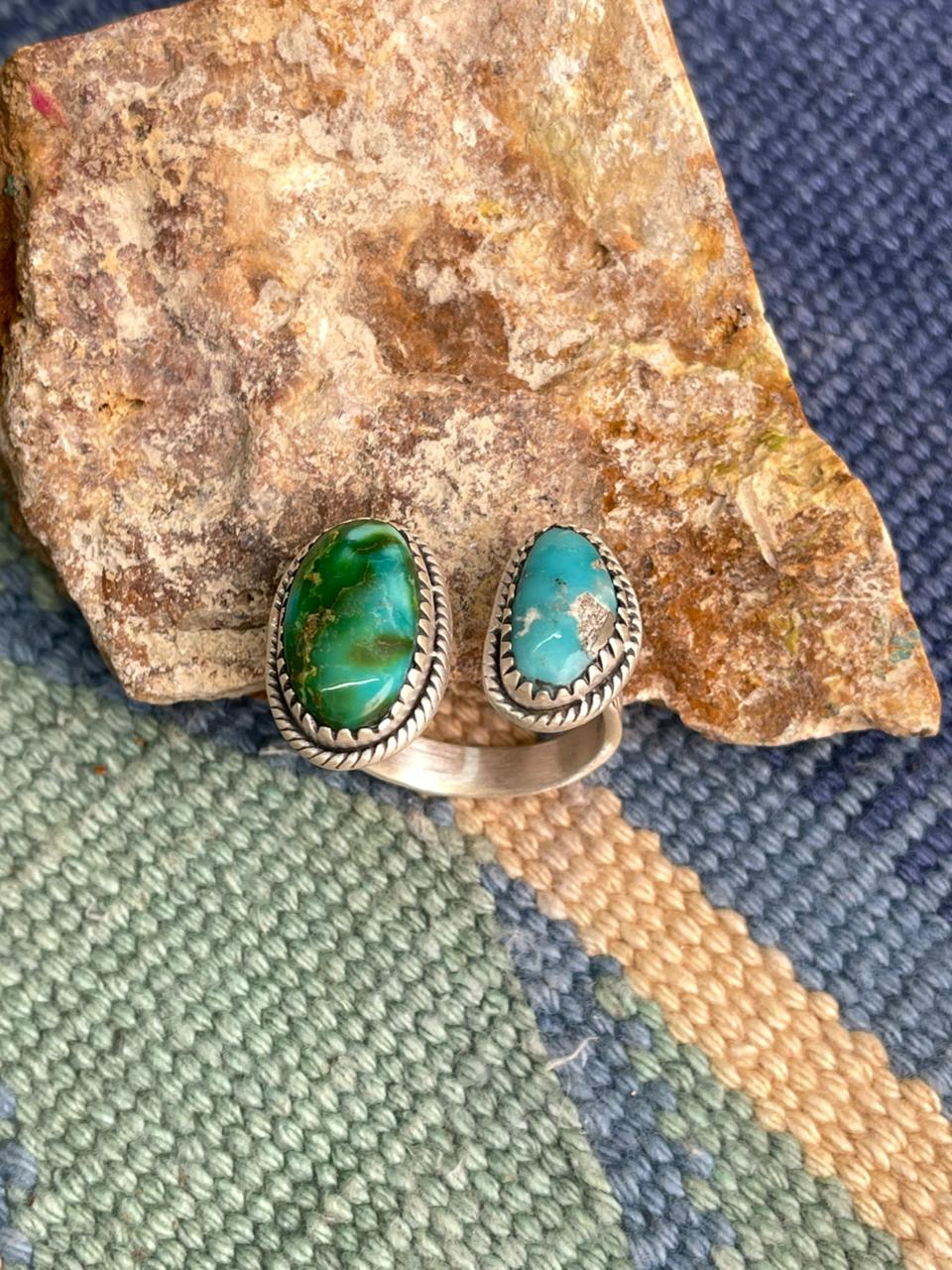 Handmade Sterling Silver Sonoran with White Water Turquoise Adjustable Ring " Signed Nizhoni"