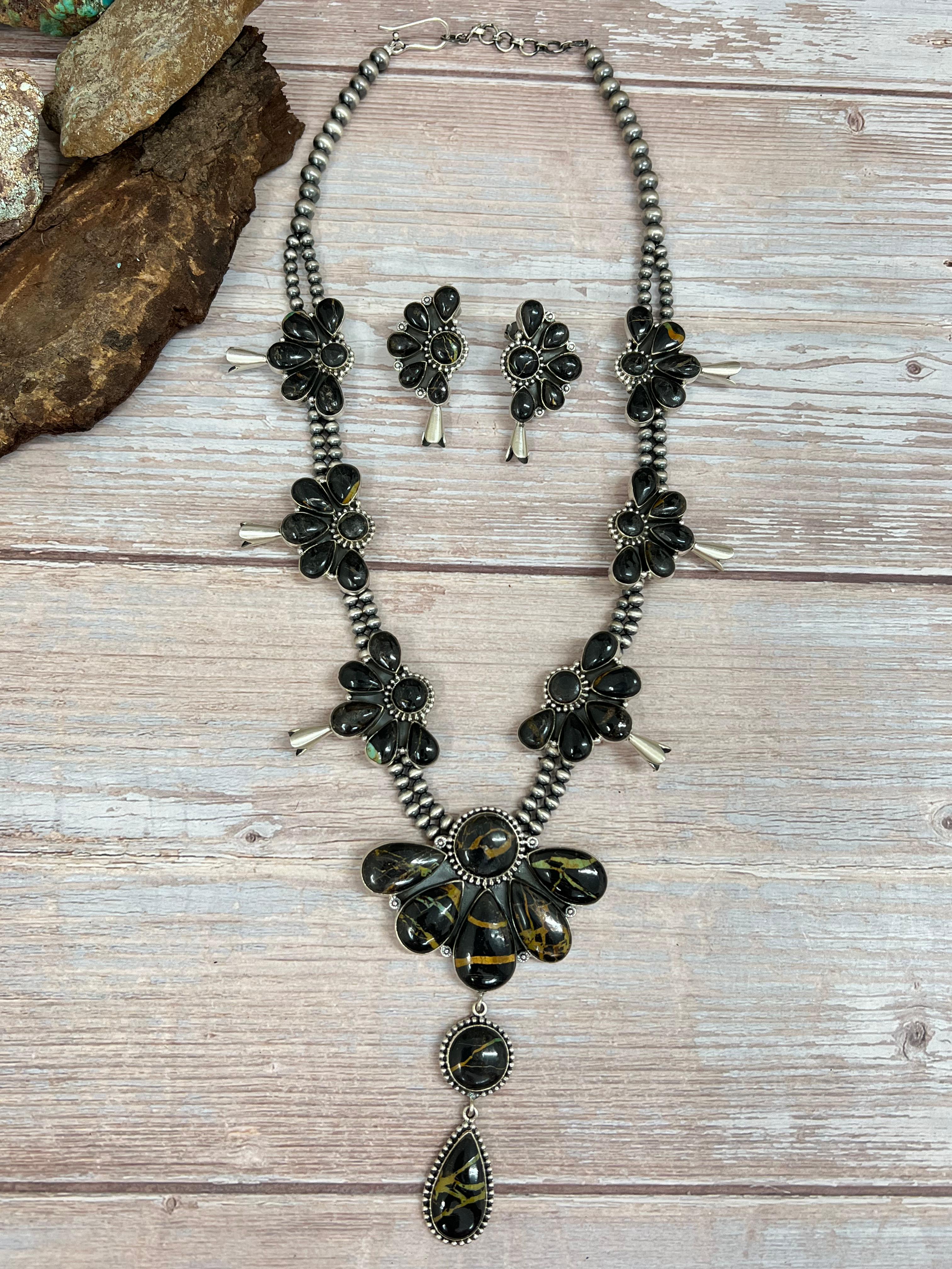 Handmade Sterling Silver Blackjack Turquoise Beaded Blossom Necklace Earrings Set with Signed Nizhoni