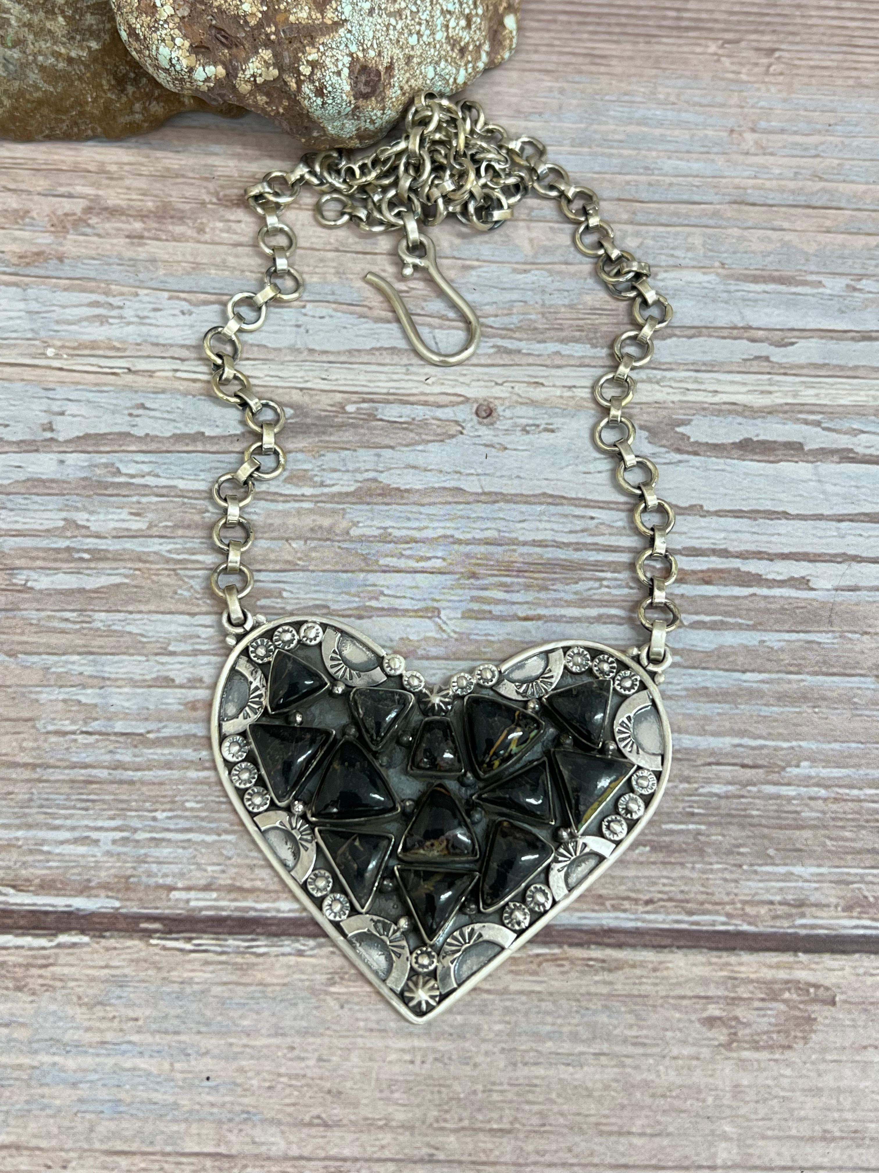 Handmade Sterling Silver Blackjack Turquoise Heart Necklace with Signed Nizhoni