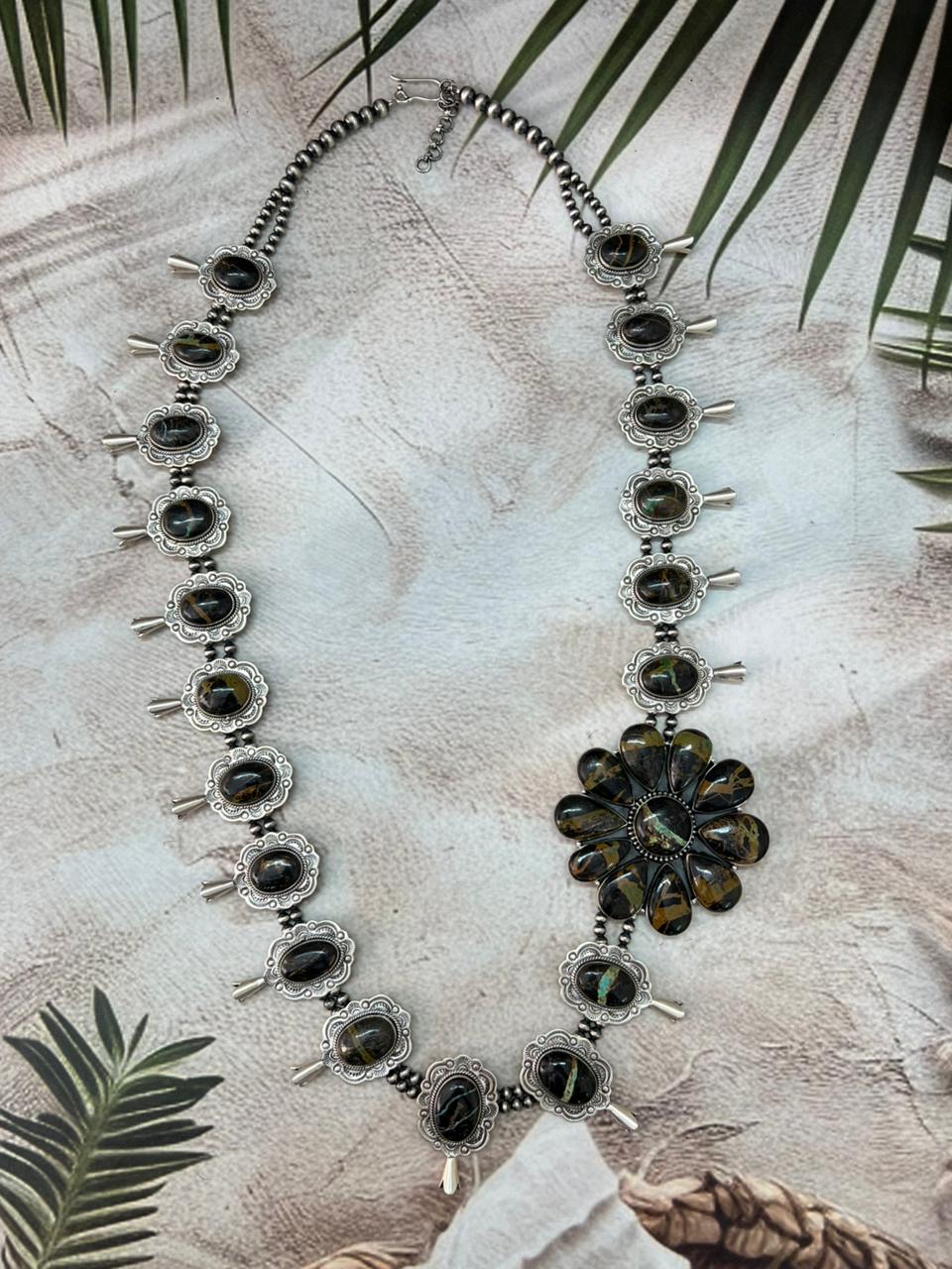 Handmade Sterling Silver Beaded Blackjack Turquoise Necklace "Signed Nizhoni"