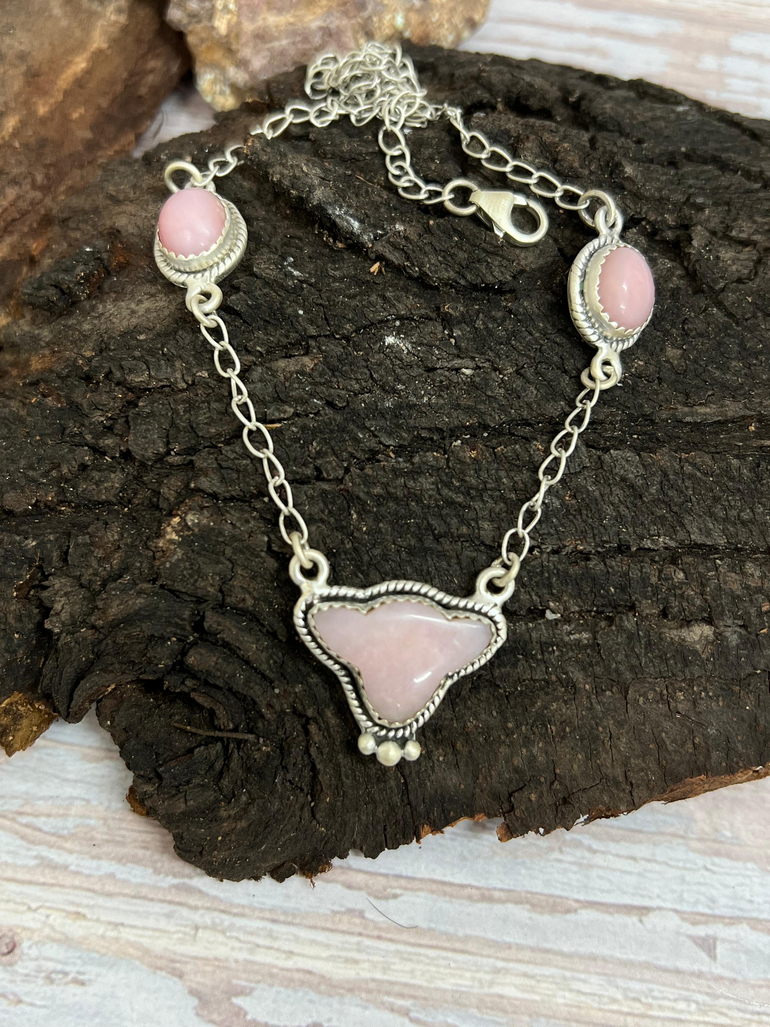 Handmade Sterling Silver Pink Opal Necklace with Signed Nizhoni