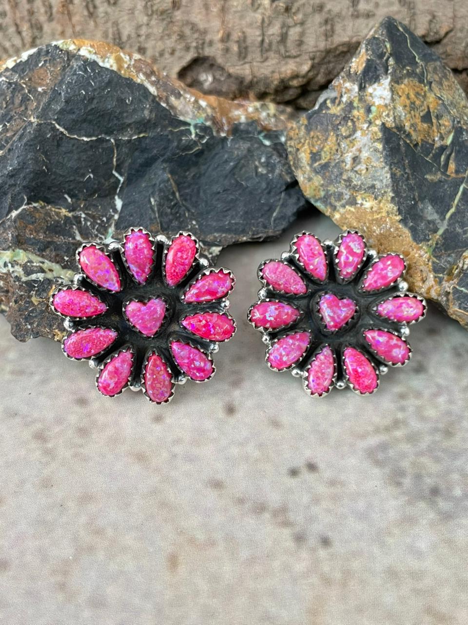 "Heart Collection" Handmade Sterling Silver Hot Pink Post Studs Earrings "Signed Nizhoni"
