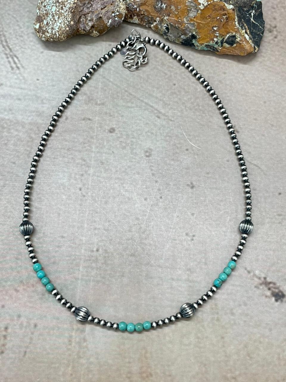 Handmade Sterling Silver Beaded Kingman Turquoise Necklace "Signed Nizhoni" (5)