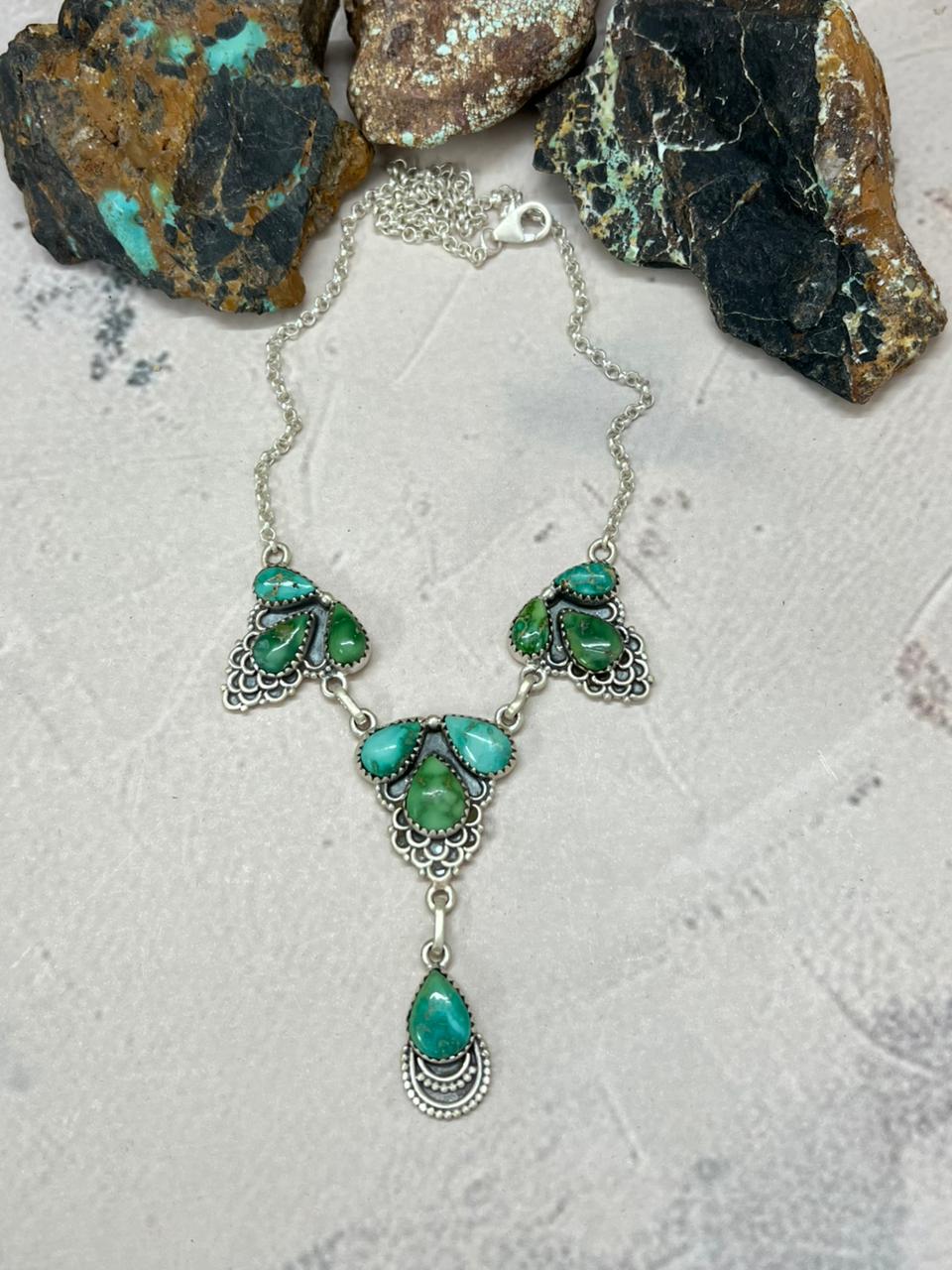 Handmade Sterling Silver Emerald Valley Turquoise Necklace "Signed Nizhoni"