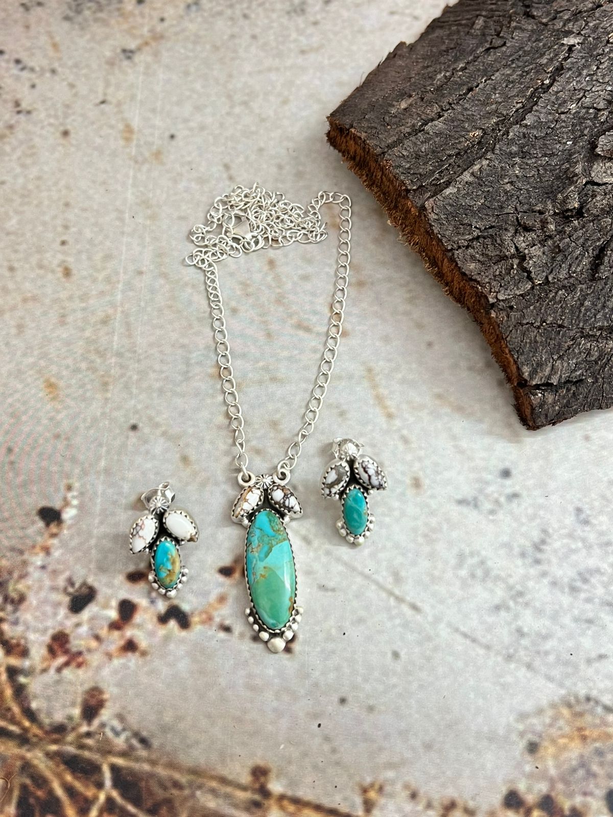 Handmade Sterling Silver White Buffalo with Kingman Necklace Earrings Set, Signed Nizhoni