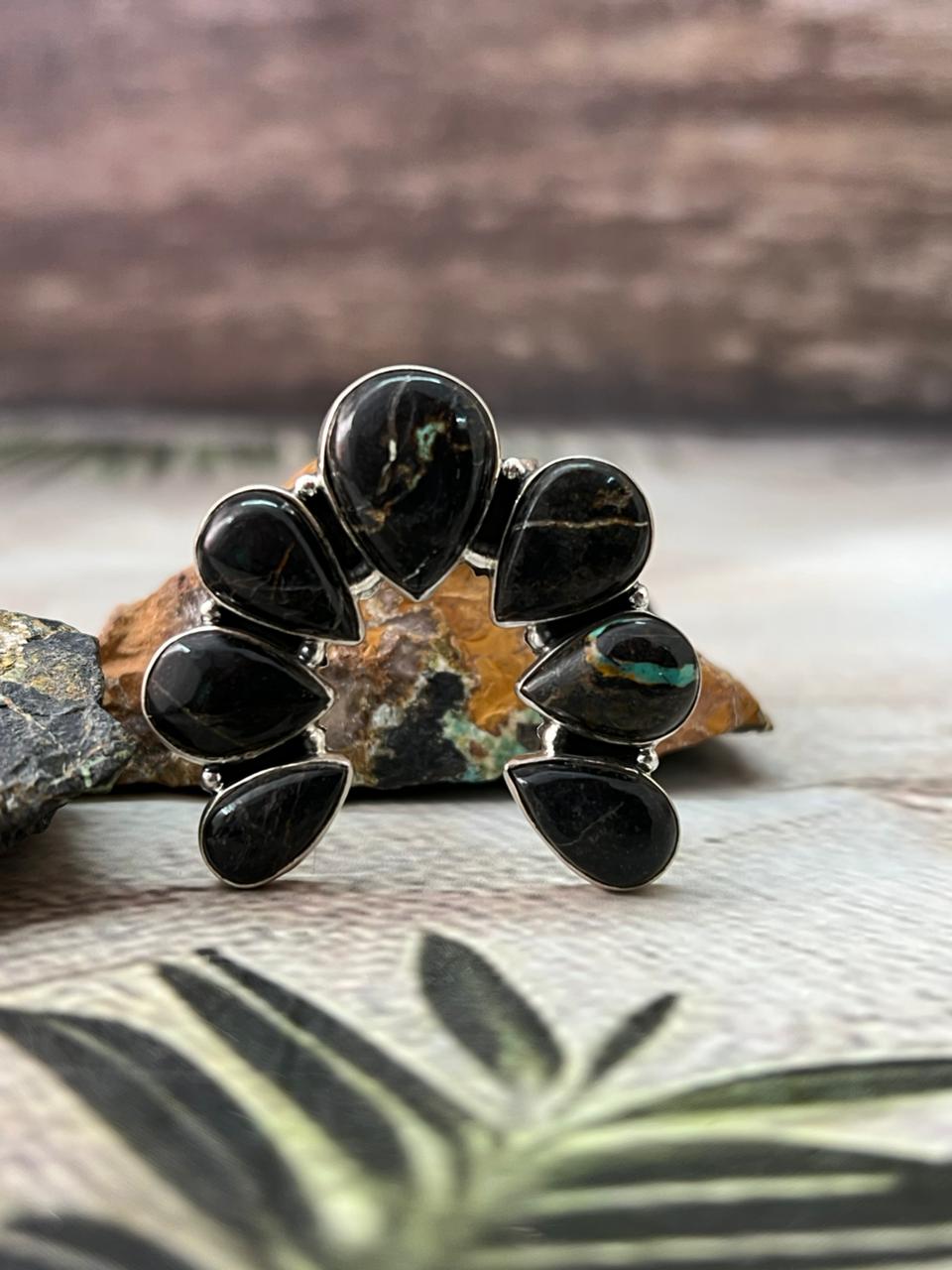 Handmade Sterling Silver Blackjack Turquoise Adjustable Ring " Signed Nizhoni"