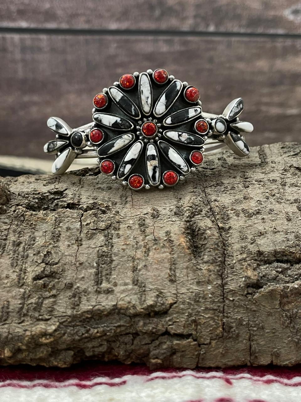 "Christmas Collection" Handmade Sterling Silver White Buffalo With Red Opal Cuff Bracelet "Signed Nizhoni"