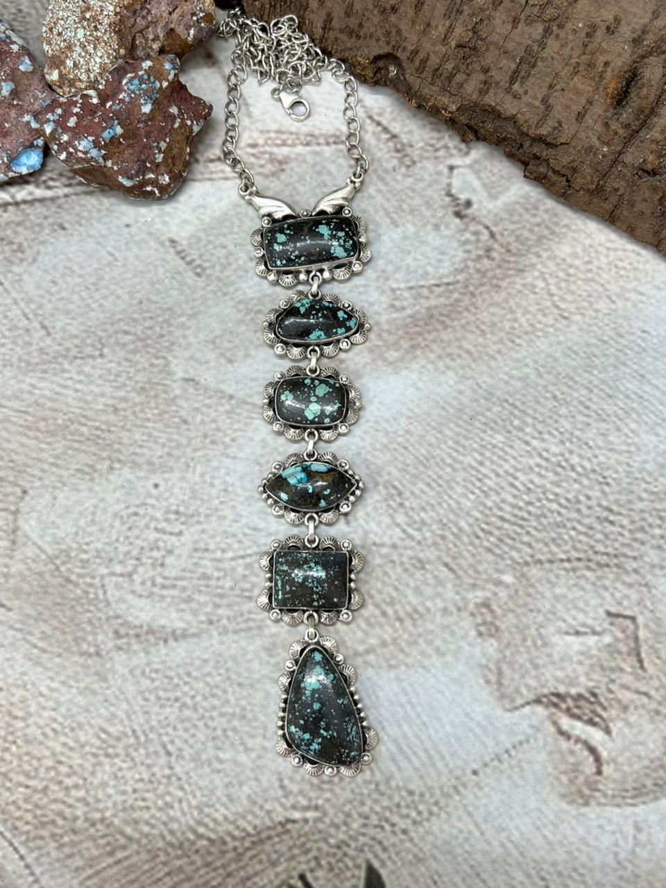 Handmade Sterling Silver Lander Turquoise Necklace with Signed Nizhoni