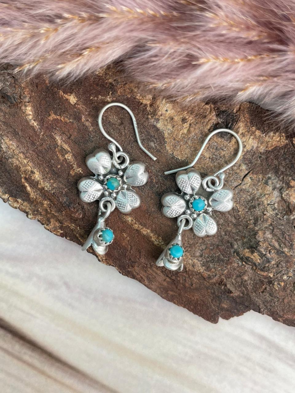 Handmade Sterling Silver Kingman Turquoise Hook Dangle Squash Blossom Earrings Signed Nizhoni
