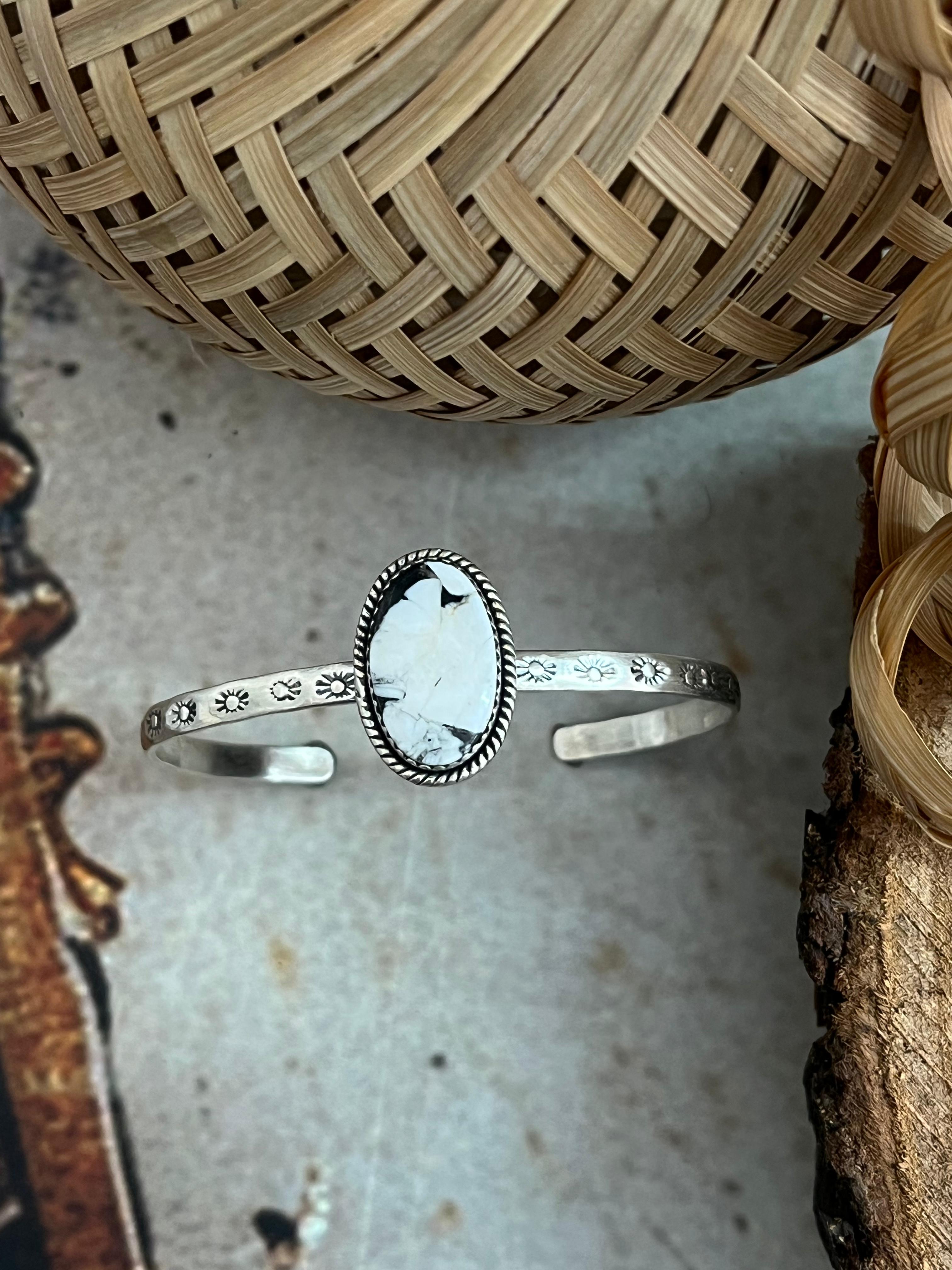 Handmade Sterling Silver White Buffalo Bracelet with Signed Nizhoni